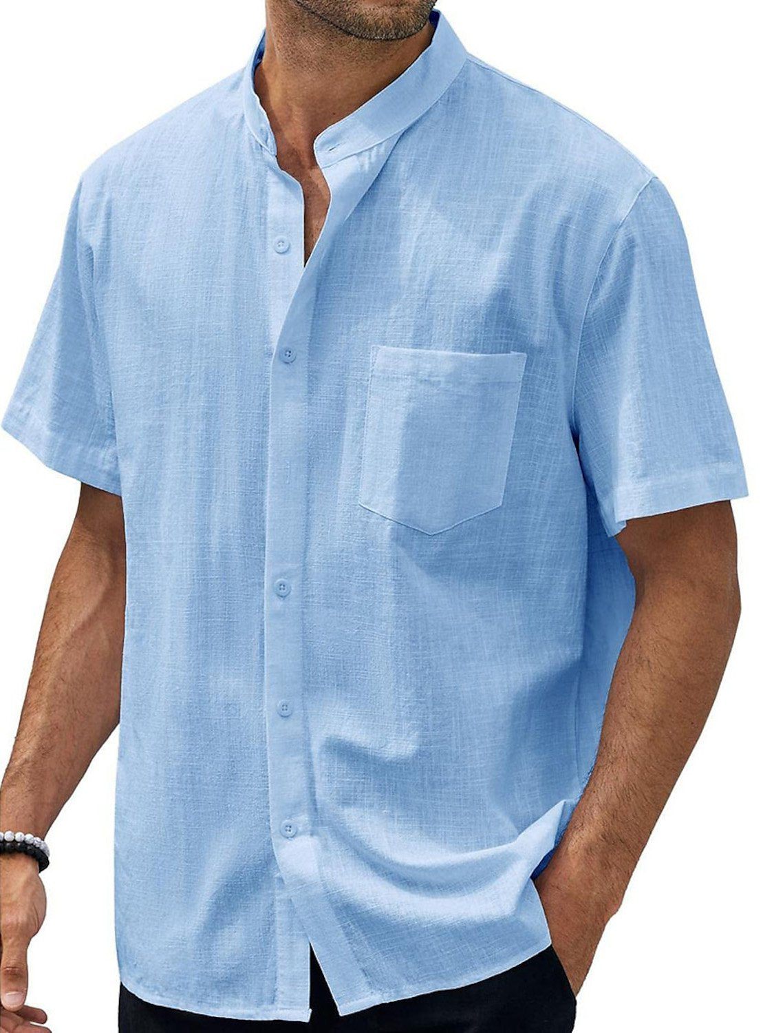 Men's Solid Color Stand Collar Pocket Cotton Linen Casual Short Sleeve Shirt
