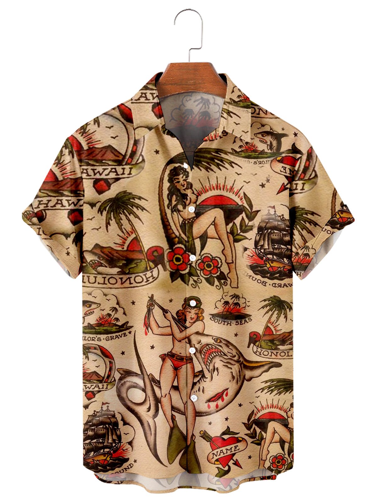 National Hawaii Aloha Men's Large Short Sleeve Shirt-Mokaloha