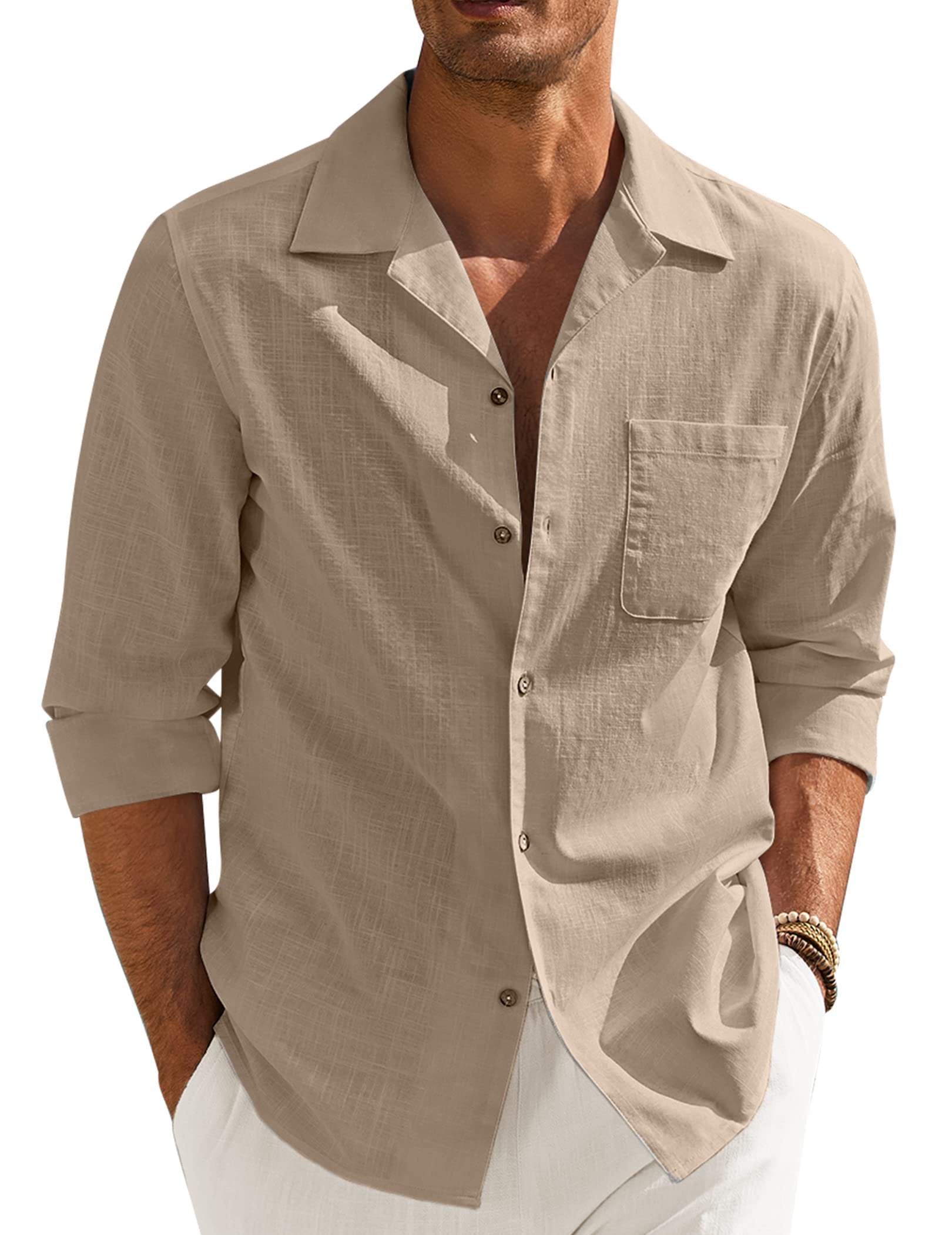 Men's Basic Cotton and Linen Long Sleeve Pocket Classic Shirt