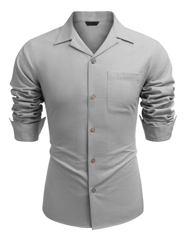 Men's Basic Cotton and Linen Long Sleeve Pocket Classic Shirt