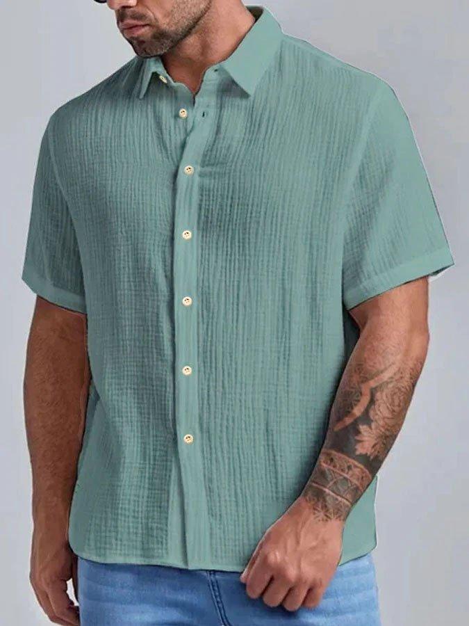 Men's Casual Solid Color Cotton Linen Casual Short Sleeve Shirt