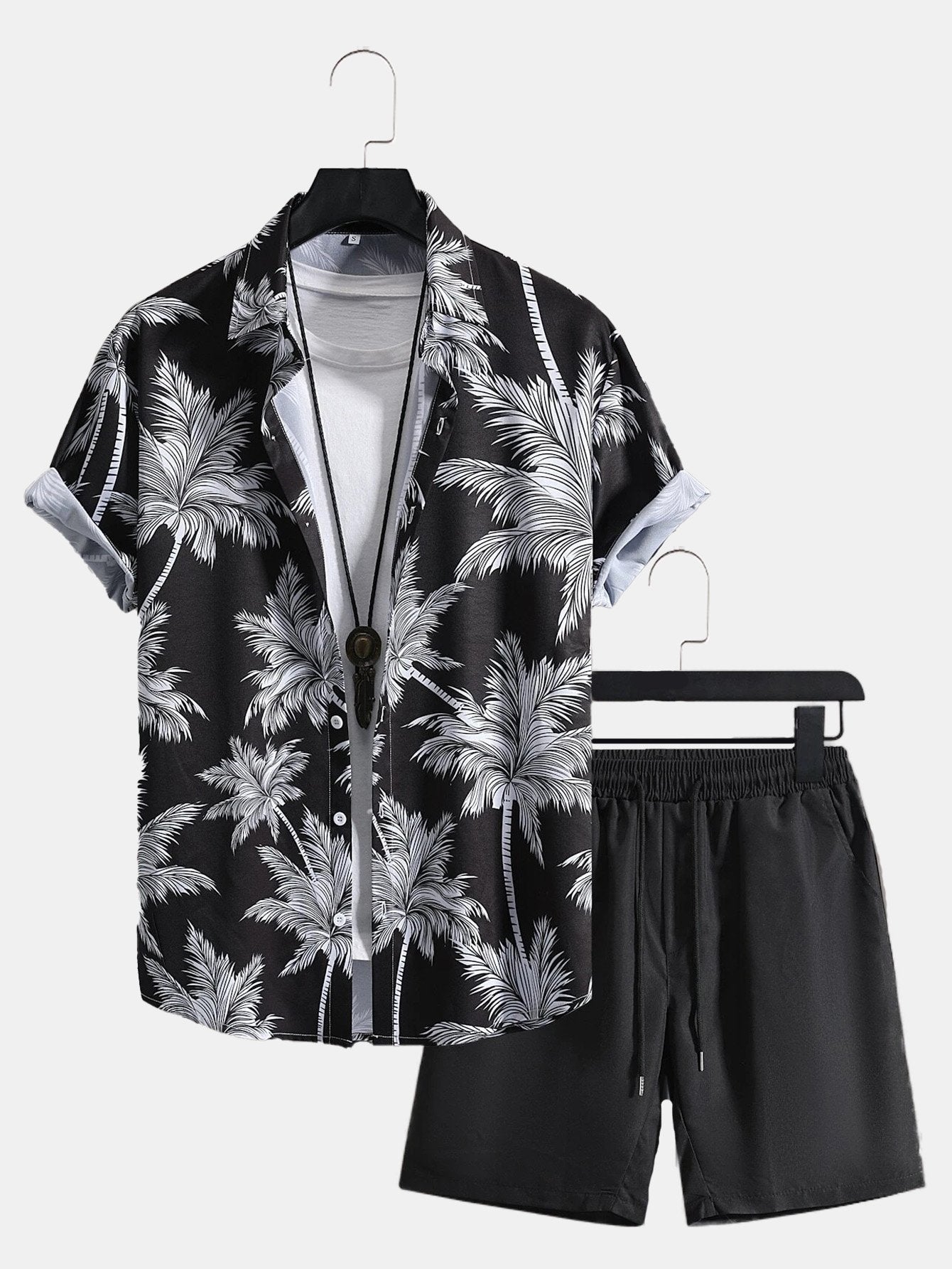 Hawaiian Beach Coconut Tree Print Pocket Short Sleeve Shirt Set