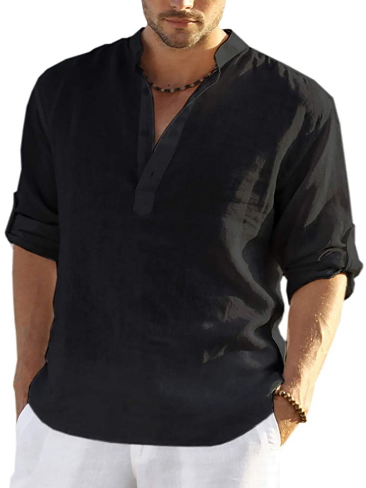 Men's Long Sleeve Stand Collar Cotton Linen Casual Shirt-Mokaloha
