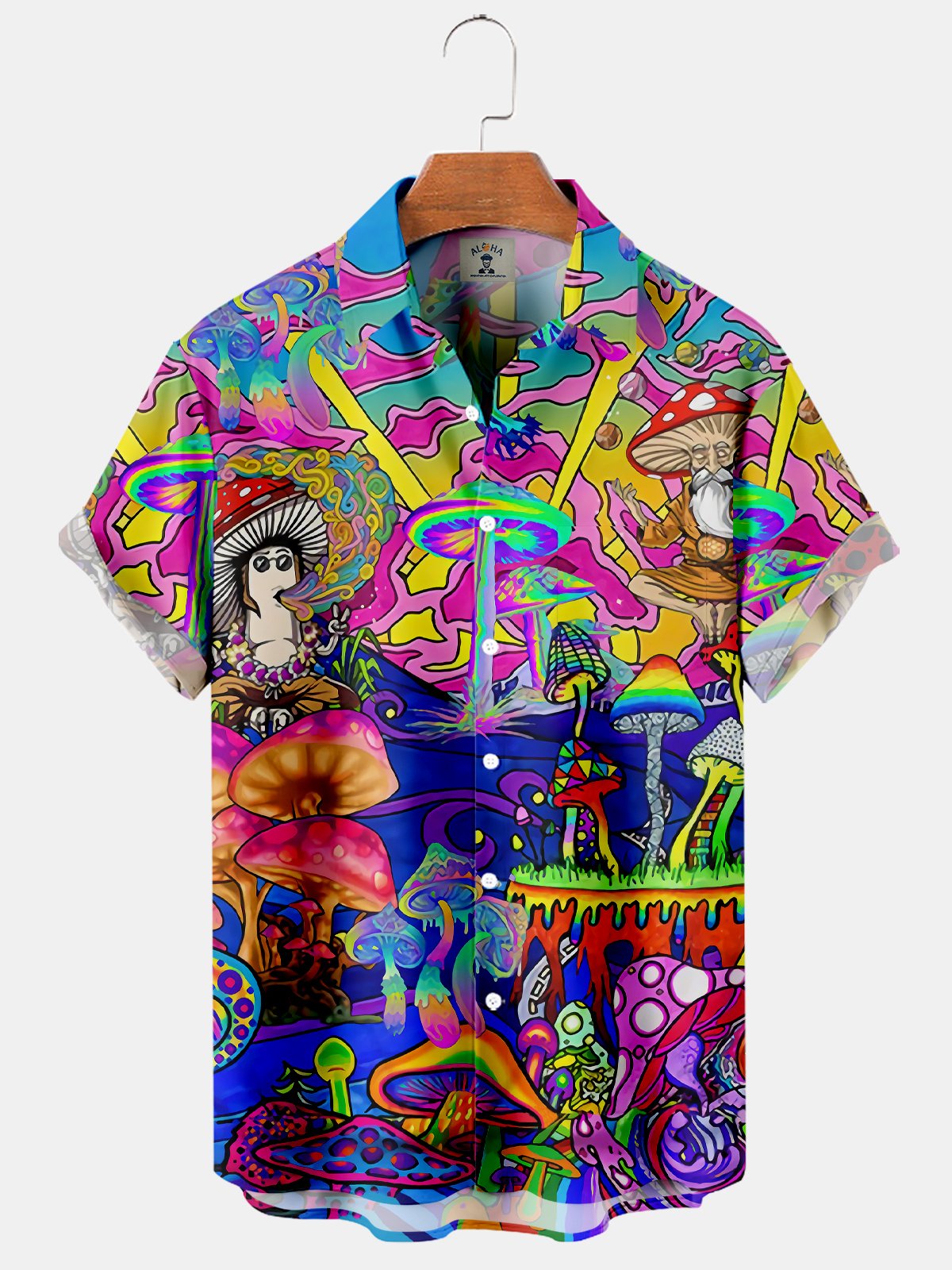 Men's Casual Hippie Mushroom Print Short Sleeve Shirt-Mokaloha