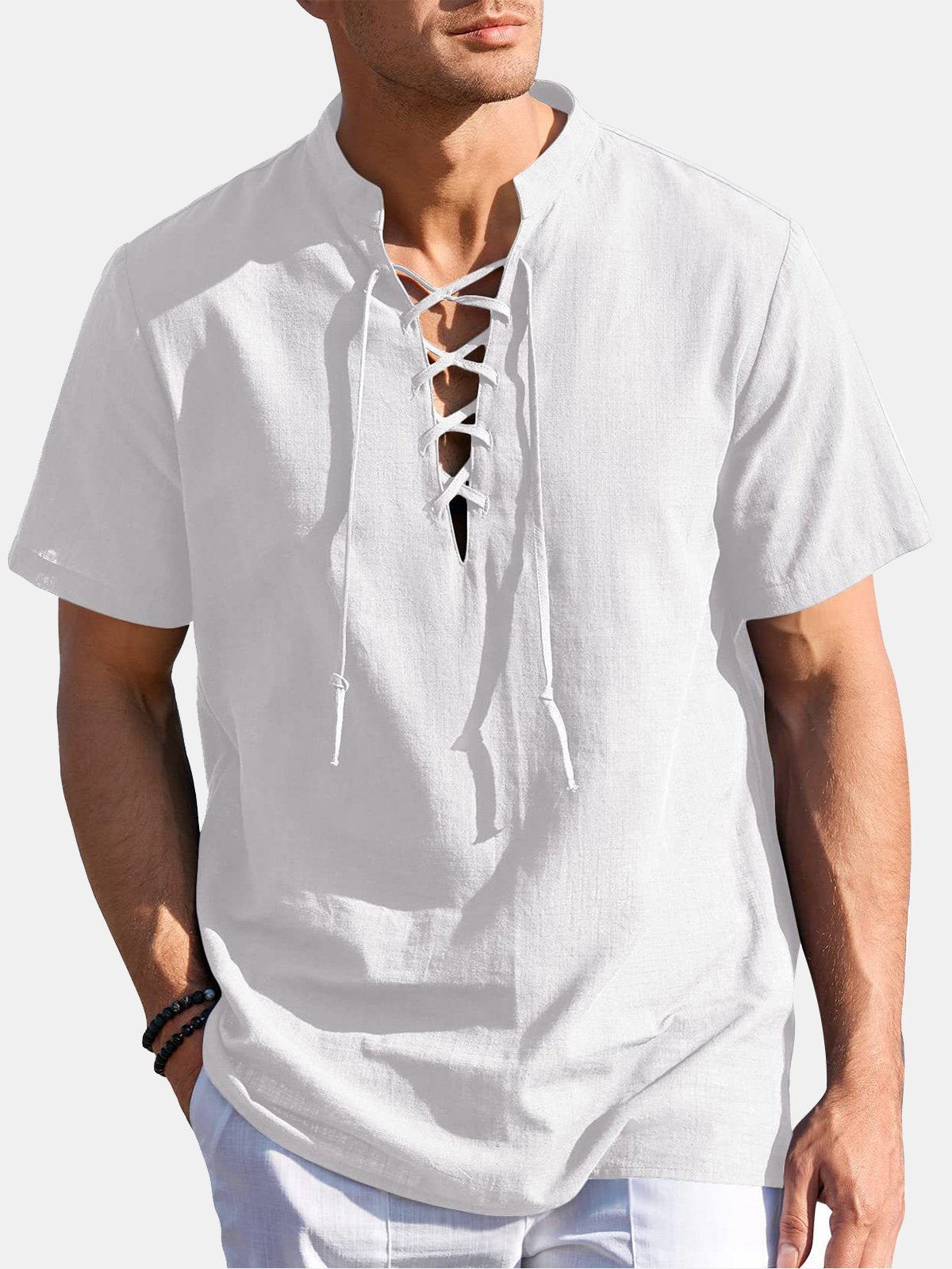 Men's V-neck tie short-sleeved henley shirt solid color cotton linen ...