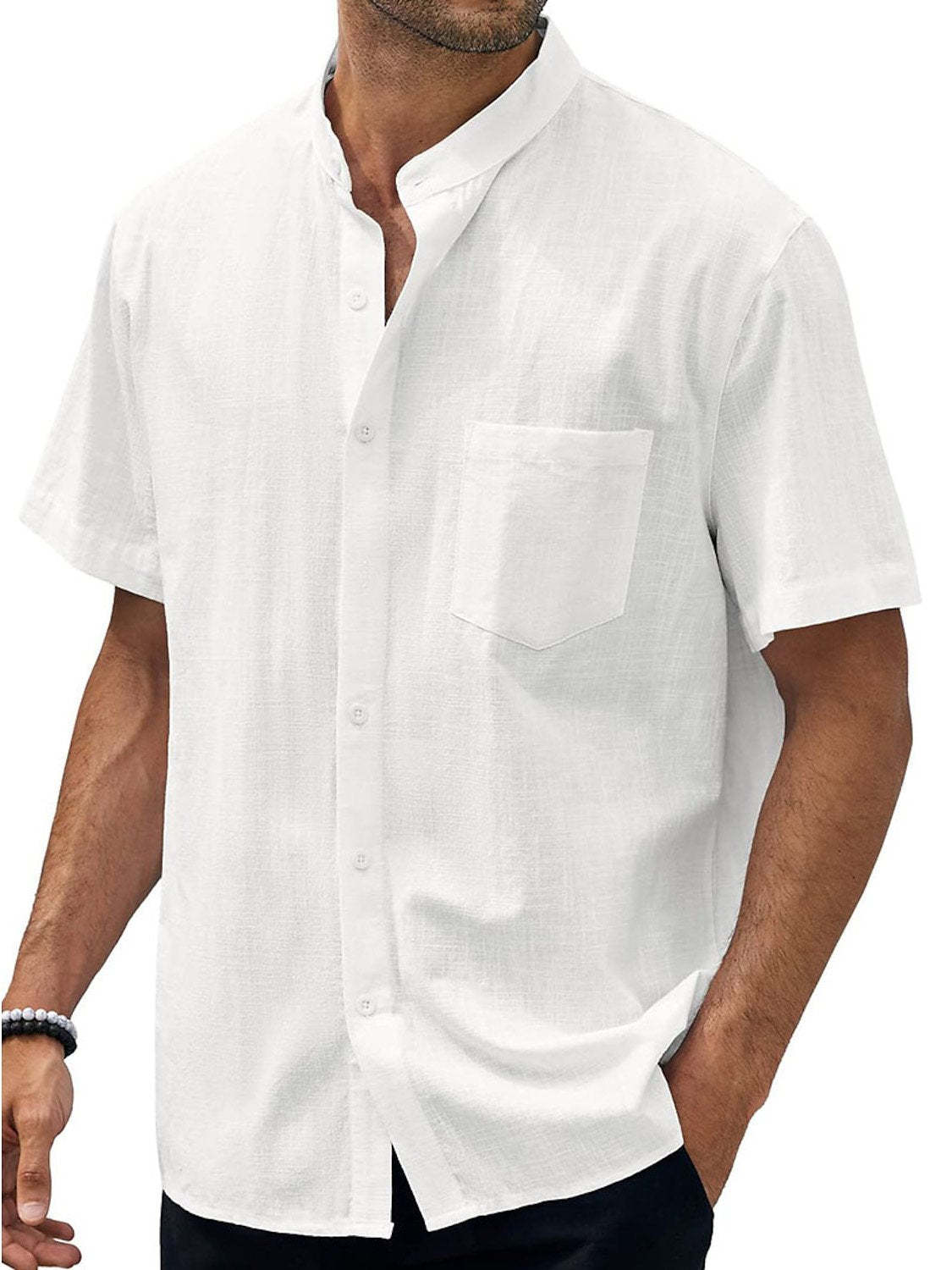 Men's Solid Color Stand Collar Pocket Cotton Linen Casual Short Sleeve Shirt