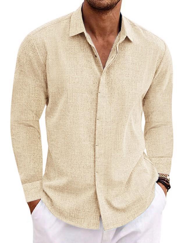 Men's Linen Solid Color Casual Loose Daily Hawaiian Long Sleeve Shirt
