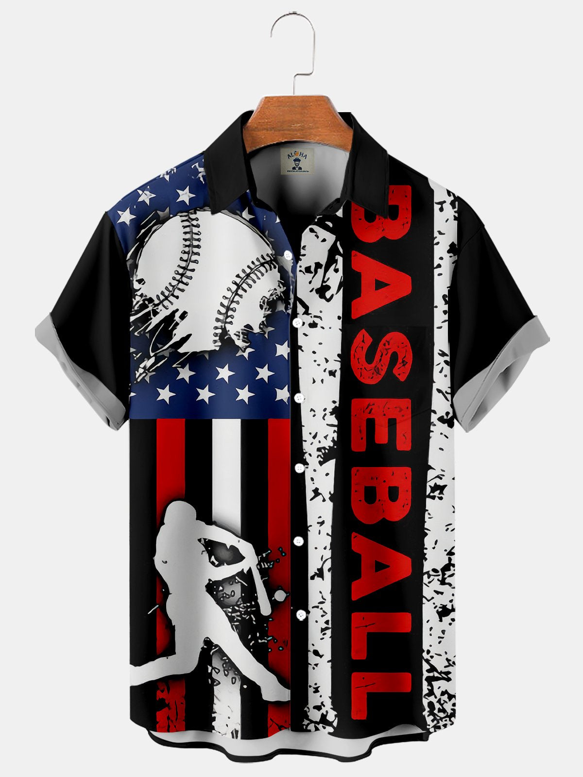 Men's Casual Baseball American Flag Panel Print Short Sleeve Shirt-Mokaloha
