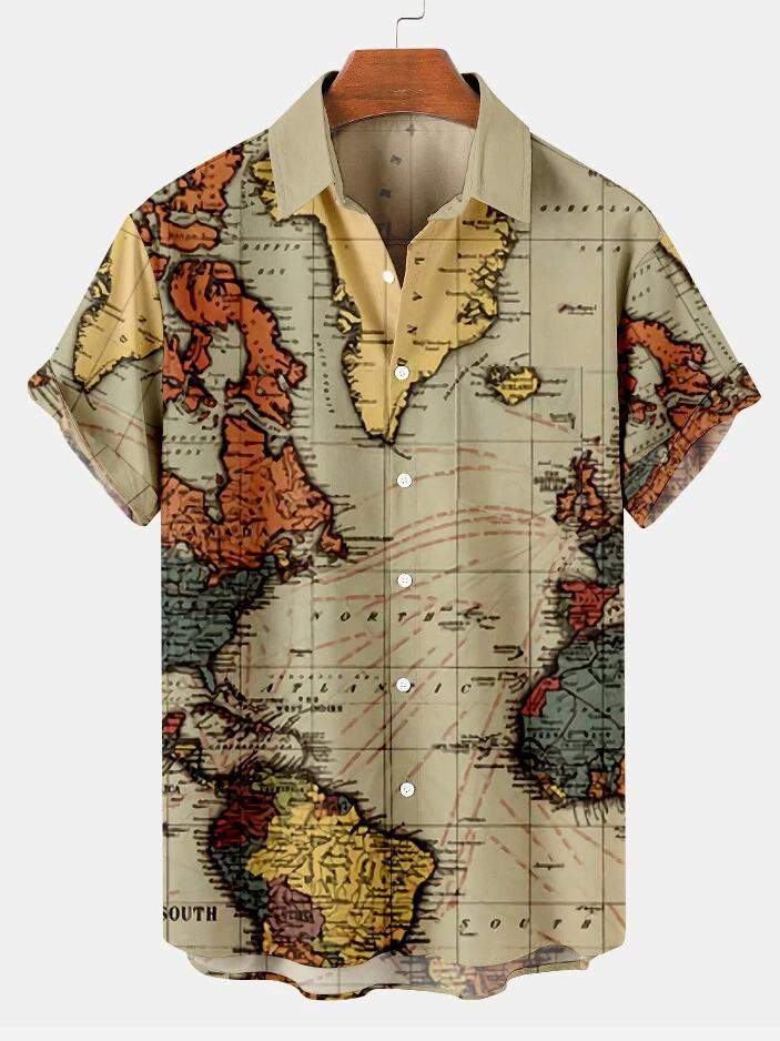 Men's Casual Vintage Map Printed Large Shirt-Mokaloha