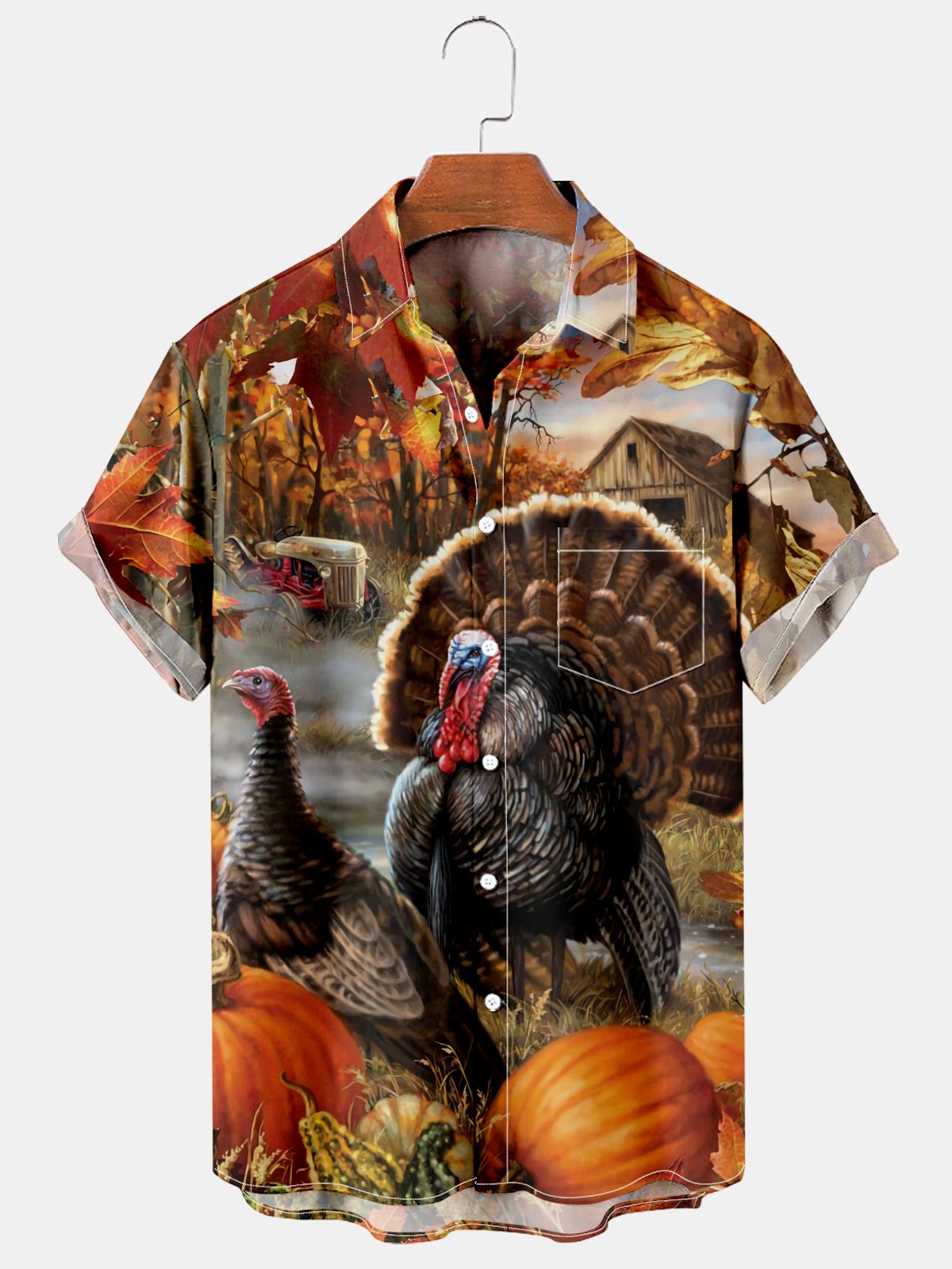 Men's Thanksgiving Pumpkin Turkey Print Short Sleeve Pocket Shirt-Mokaloha