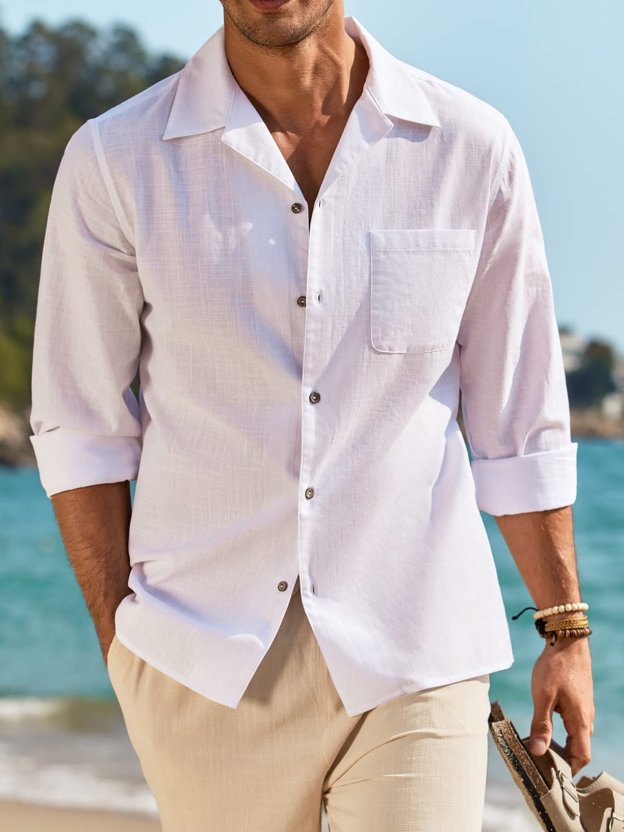 Men's Basic Cotton and Linen Long Sleeve Pocket Classic Shirt
