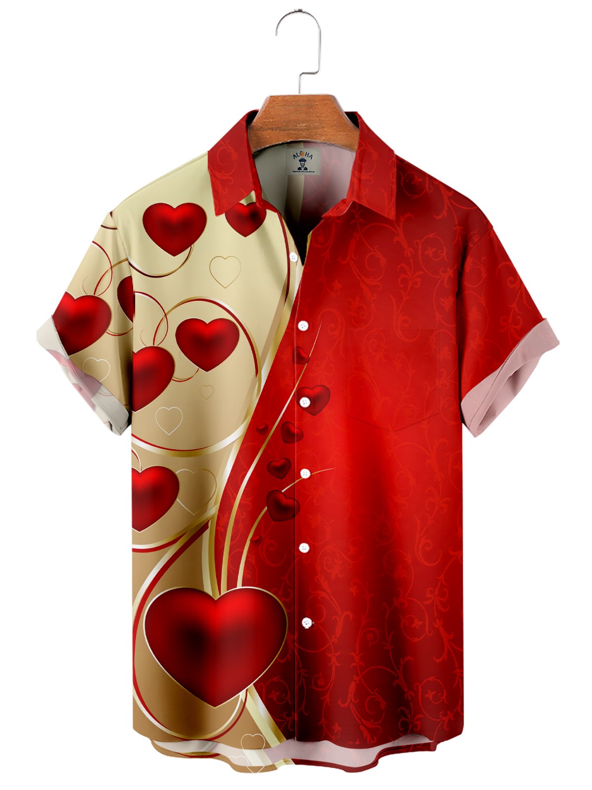 Men's Valentine's Day Heart Stitching Print Short Sleeve Shirt-Mokaloha