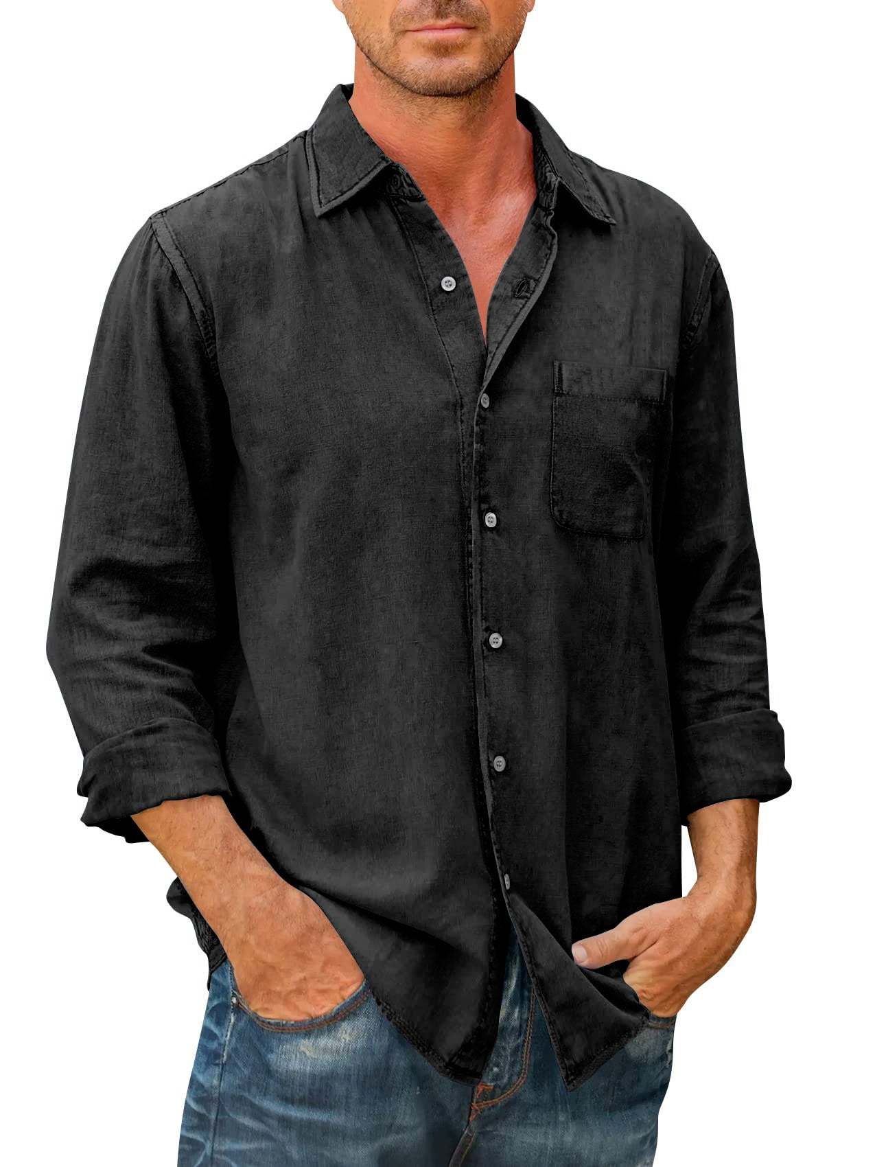 Men's Solid Color Pocket Cotton Long Sleeve Shirt Casual Shirt-Mokaloha