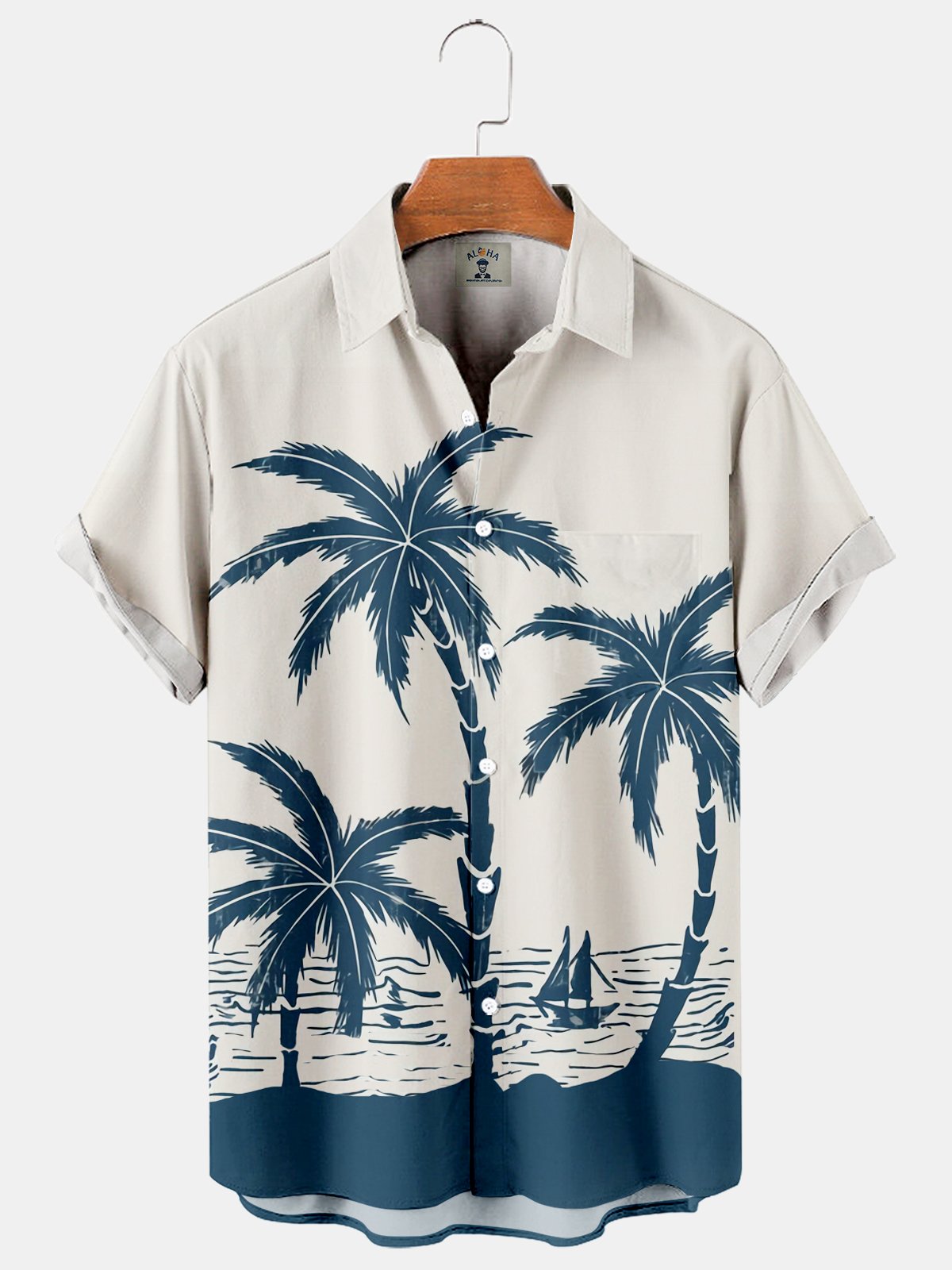 Men's Casual Hawaiian Palm Beach Print Short Sleeve Shirt-Mokaloha