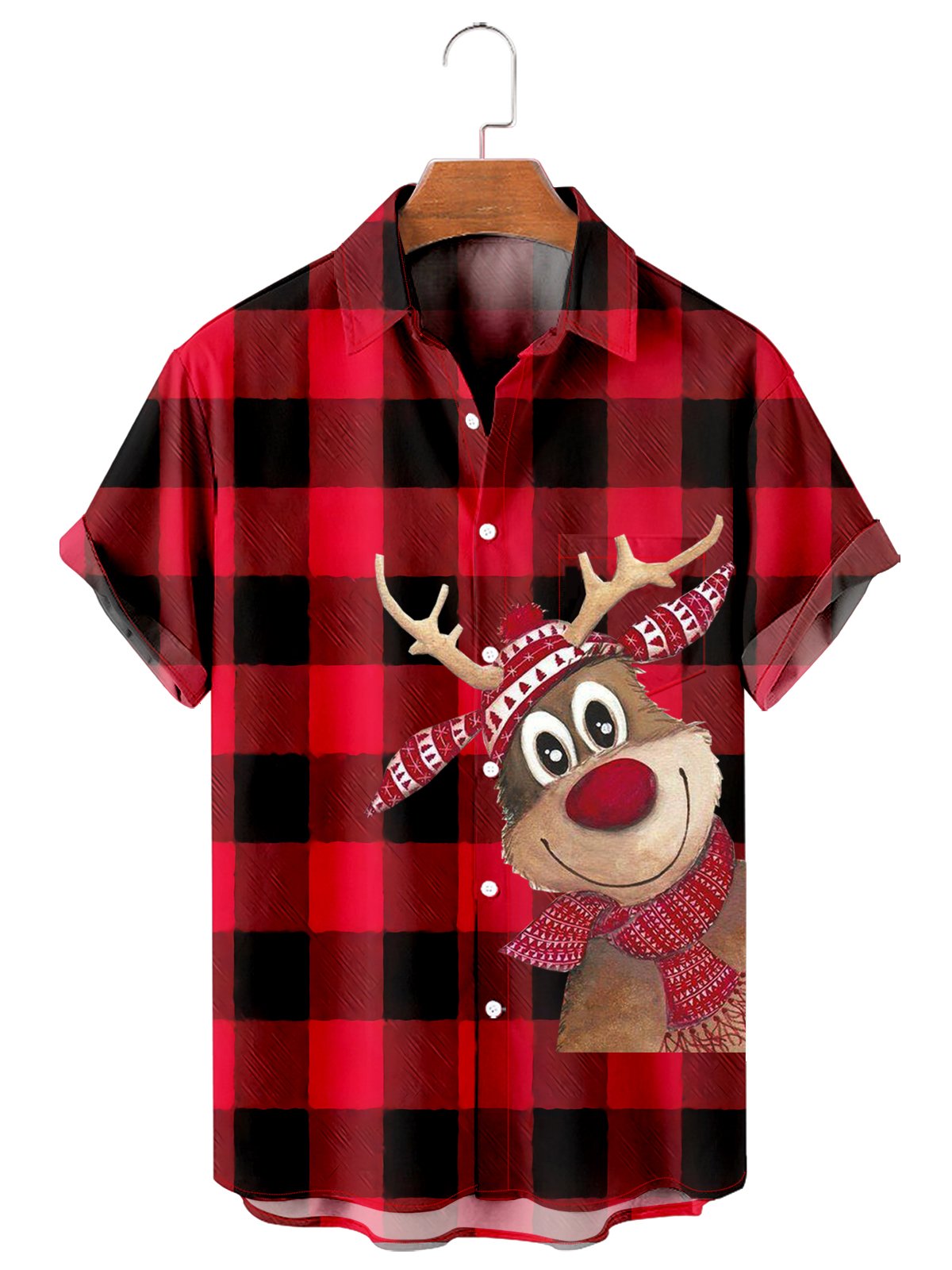 Men's Christmas Themed Elk Print Check Shirt-Mokaloha