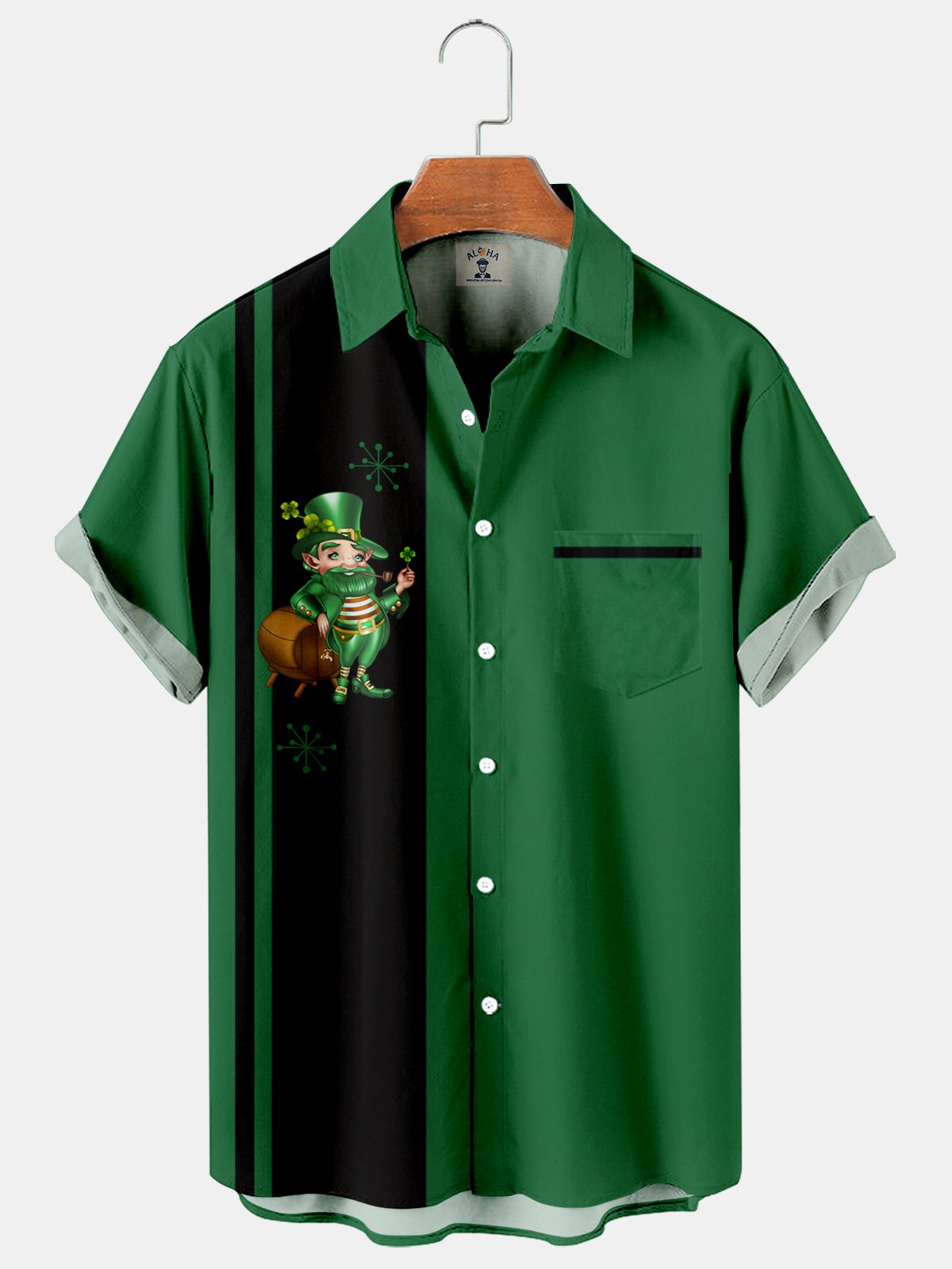 Men's St. Patrick's Day Color Block Cute Elf Print Short Sleeve Shirt-Mokaloha