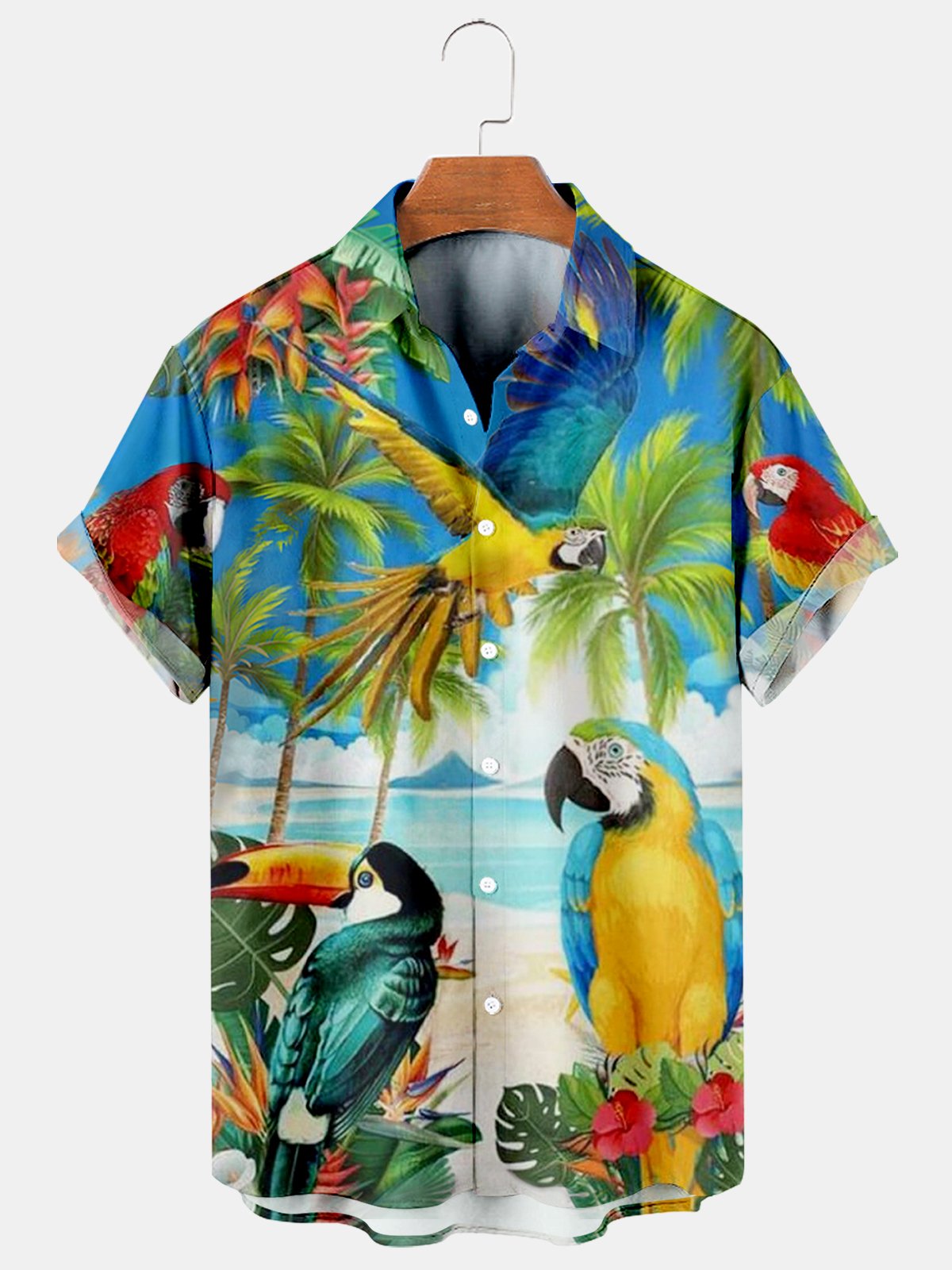 Parrots Palm Trees Hawaiian Loose Men's Short-Sleeved Shirt-Mokaloha