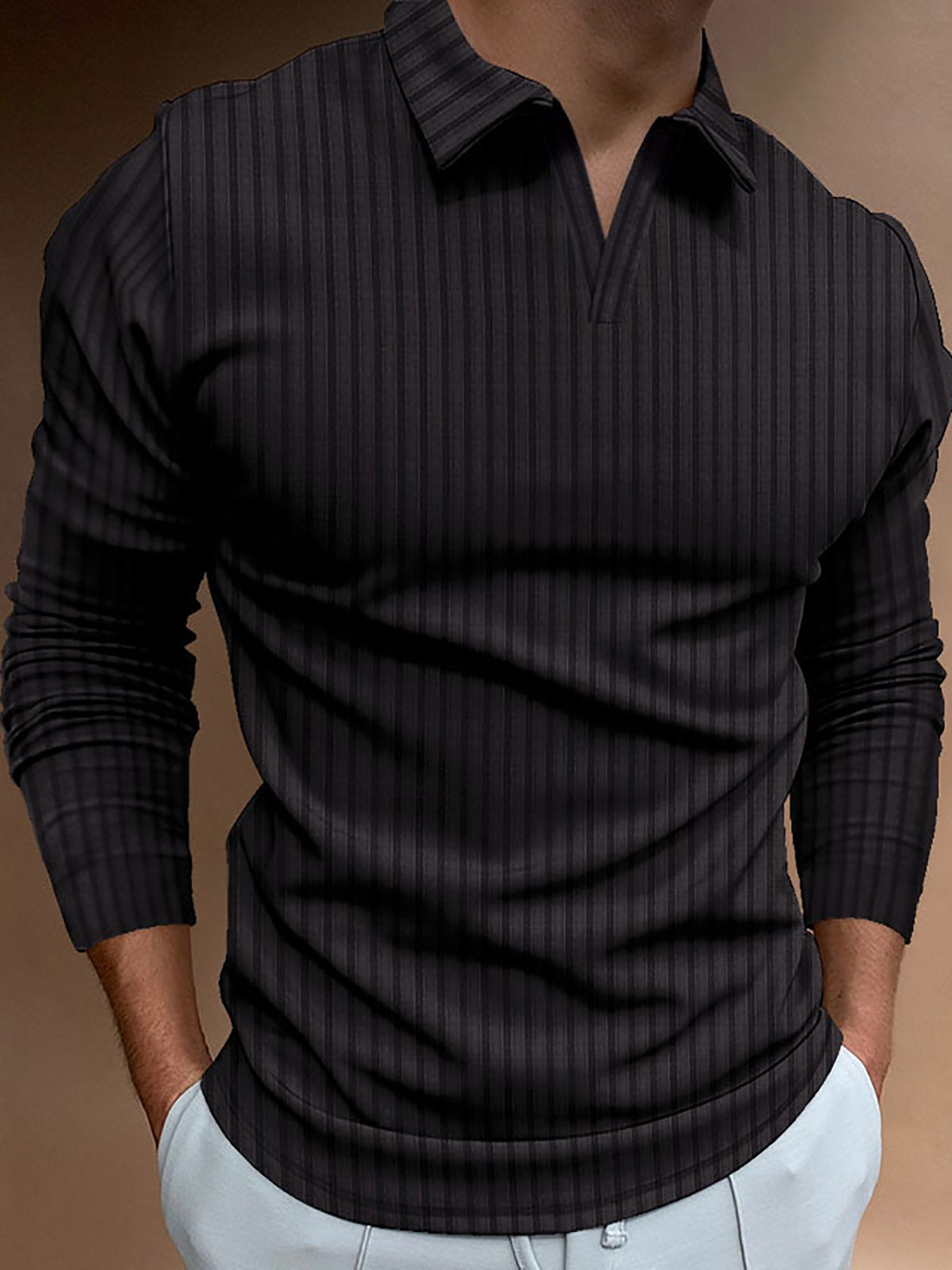 Men's V Neck Slim Striped Long Sleeve Polo Shirt-Mokaloha