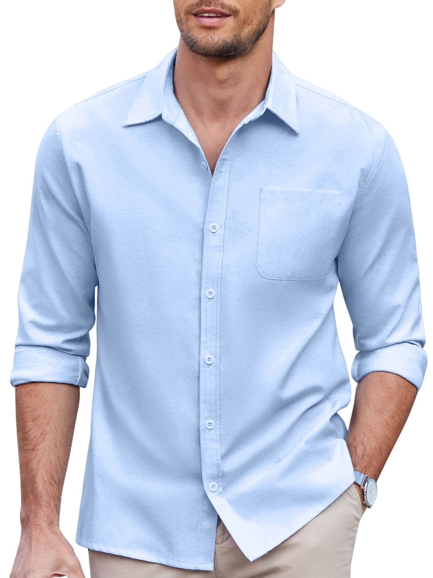 Men's Solid Basic Classic Pocket Formal Long Sleeve Shirt
