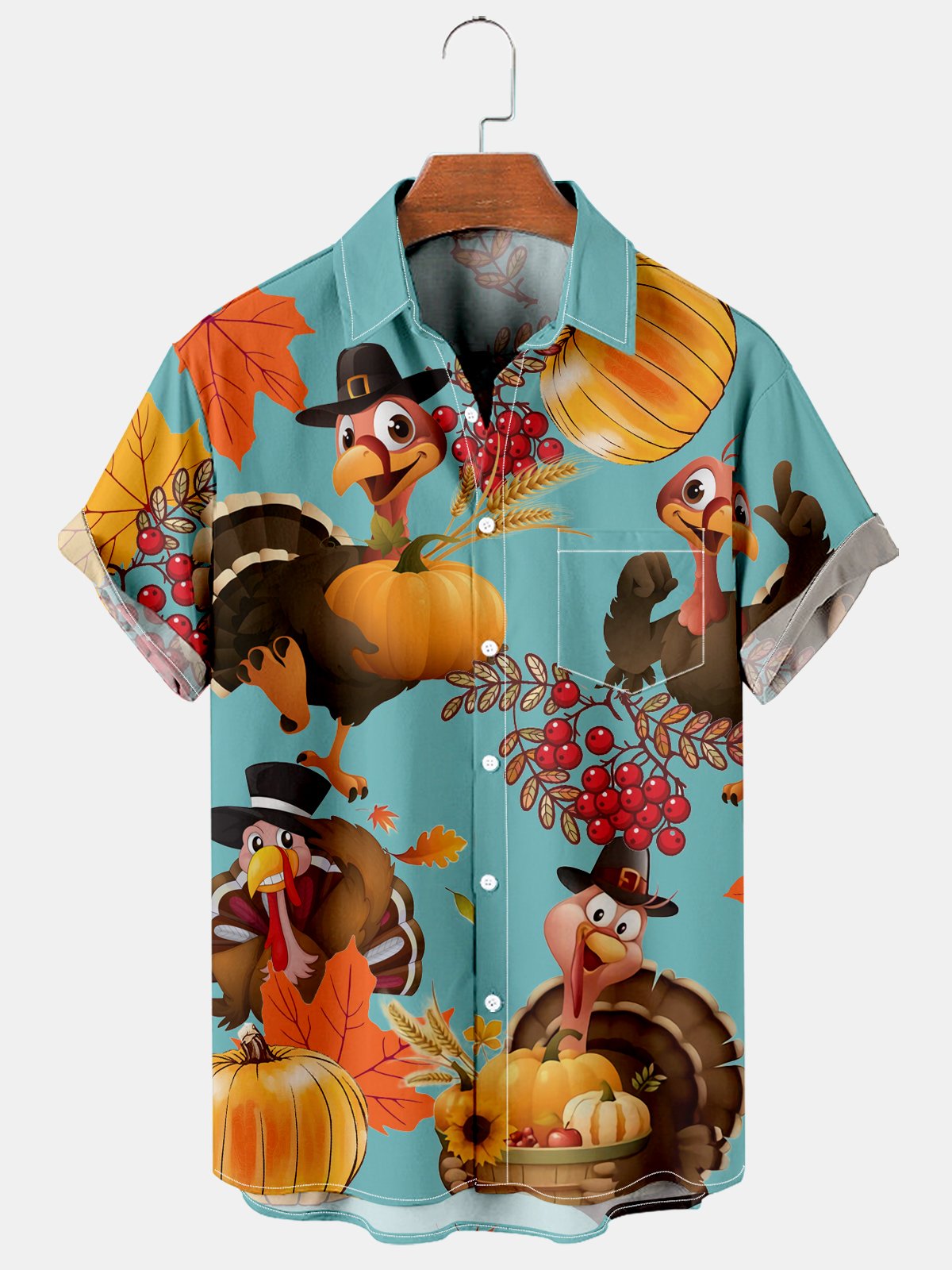 Men's Thanksgiving Fun Turkey Print Short Sleeve Shirt-Mokaloha