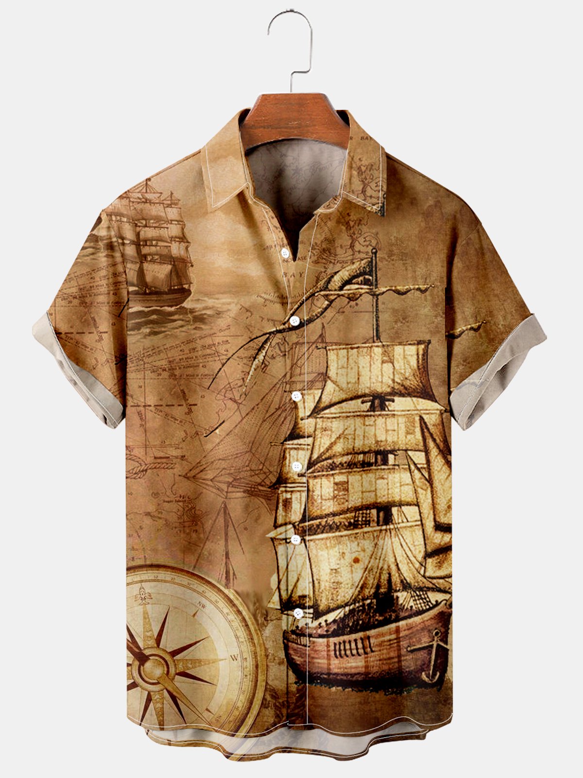 Men's Casual Vintage Nautical Compass Print Shirt-Mokaloha