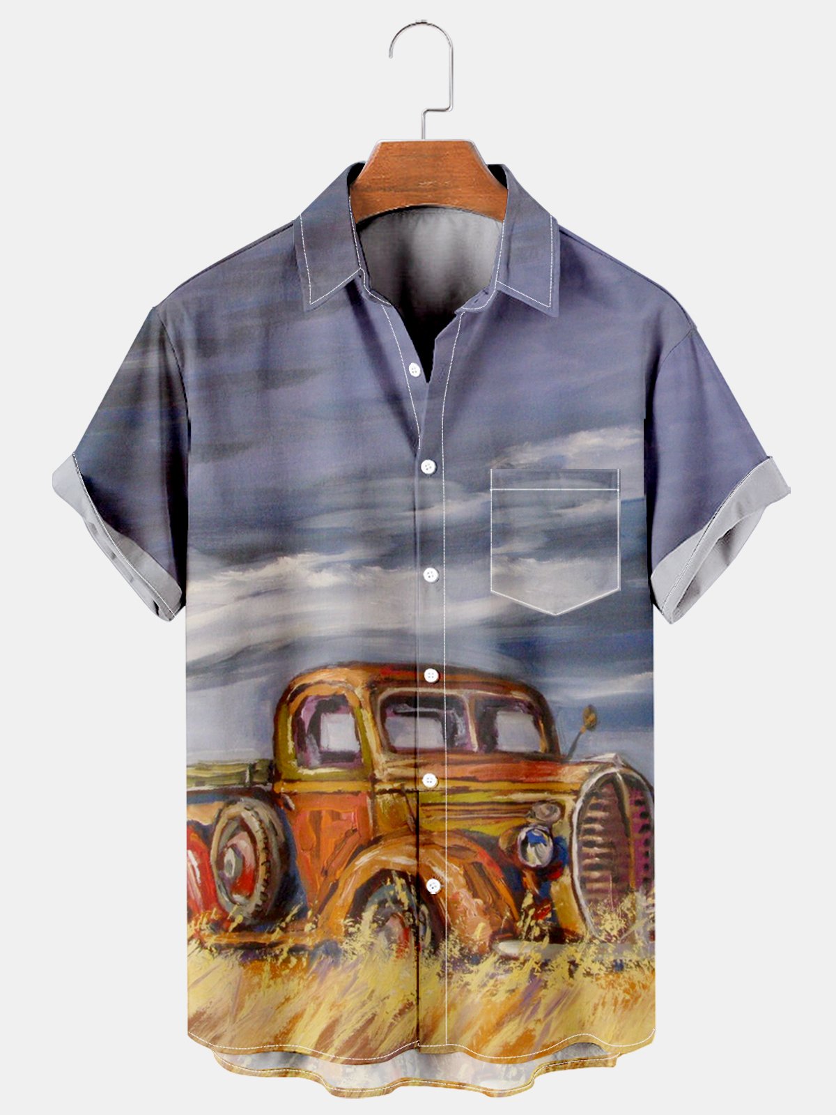 Men's Vintage Oil Painting Car Casual Print Shirt-Mokaloha