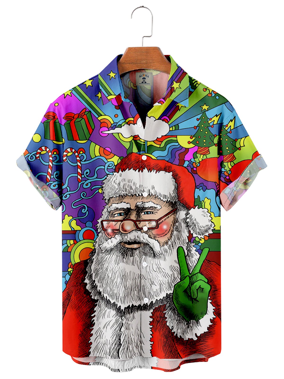 Men's Christmas Hippie Santa Print Short Sleeve Shirt-Mokaloha