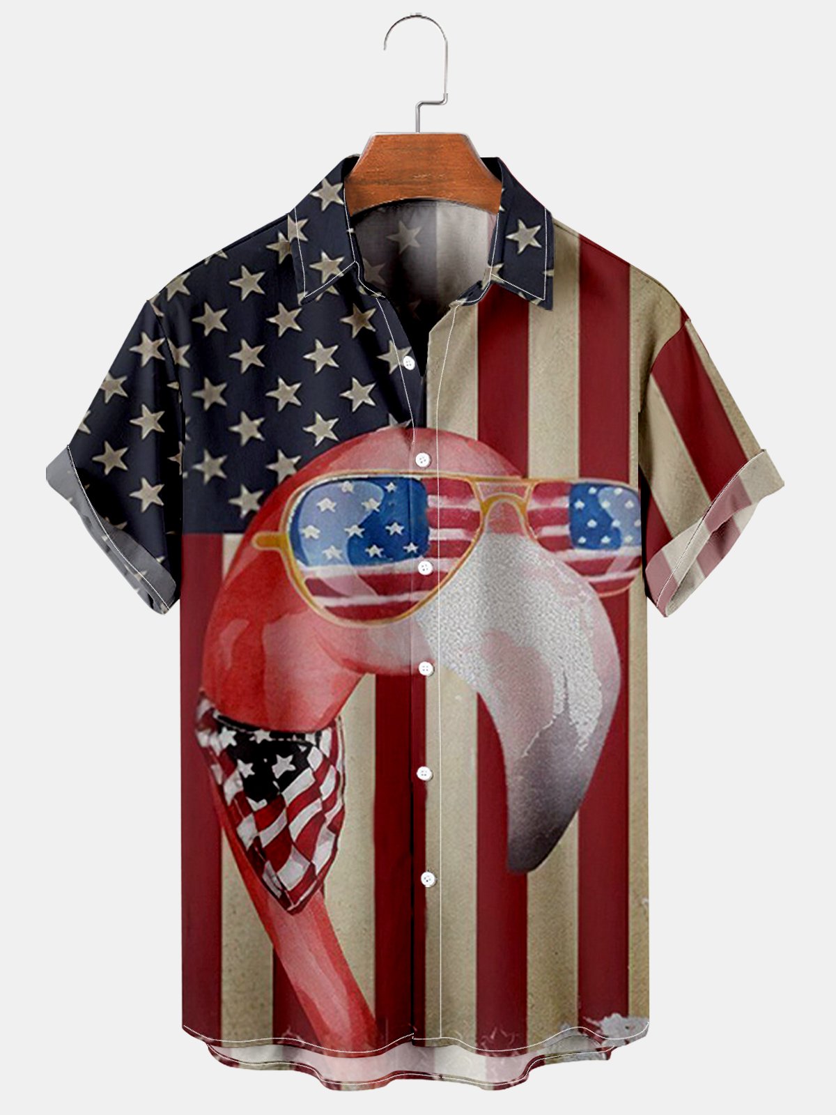 Men's Simple Flamingo American Flag Casual Print Shirt-Mokaloha