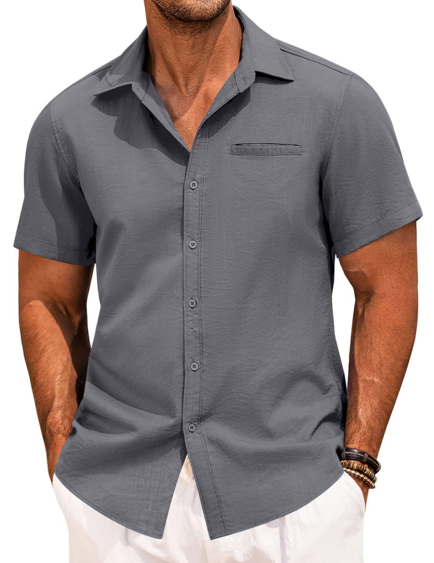 Men's Fake Pocket Linen Shirt Short Sleeve Button Up Shirt Summer Beach Hawaiian Shirt