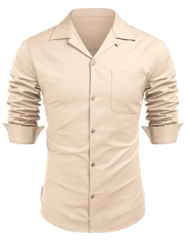 Men's Basic Cotton and Linen Long Sleeve Pocket Classic Shirt
