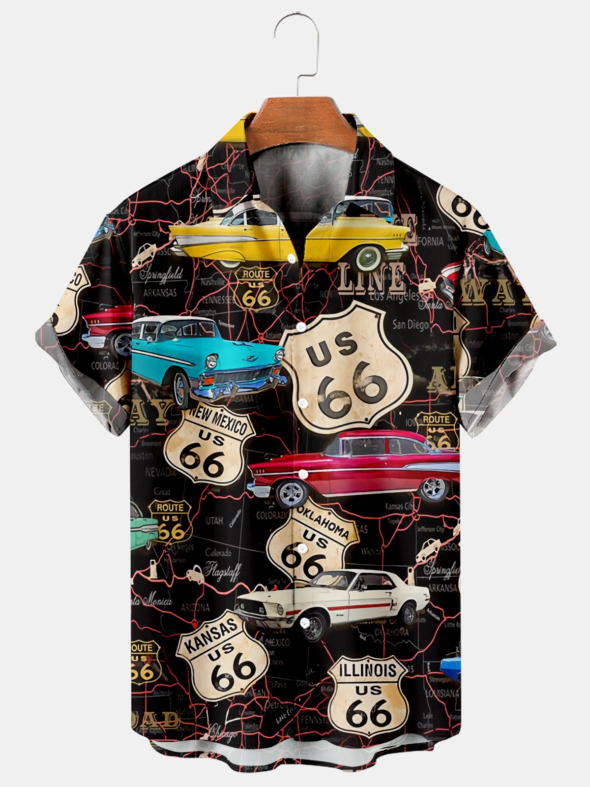 Route 66 And Cars Casual Loose Men's Plus Size Short-Sleeved Shirt-Mokaloha