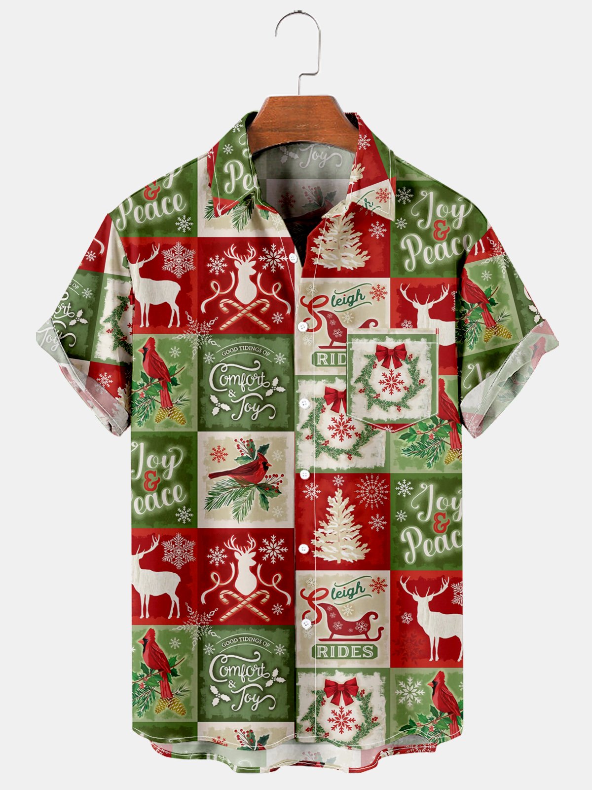 Men's Christmas Elk Christmas Tree Patchwork Print Short Sleeve Shirt-Mokaloha