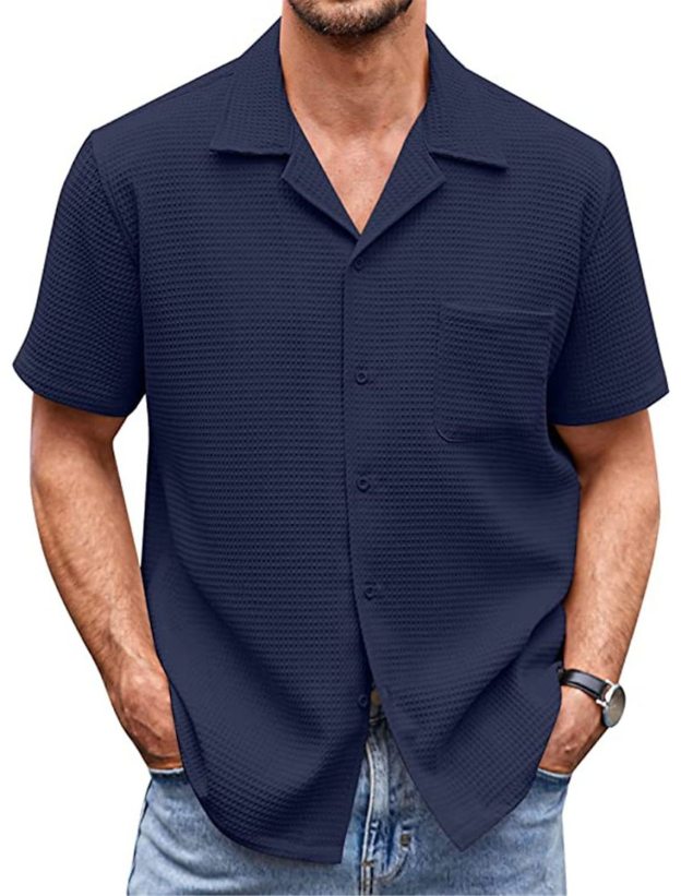 Men's Cuban Collar Pocket Waffle Weave Fabric Casual Comfort Daily Shirt