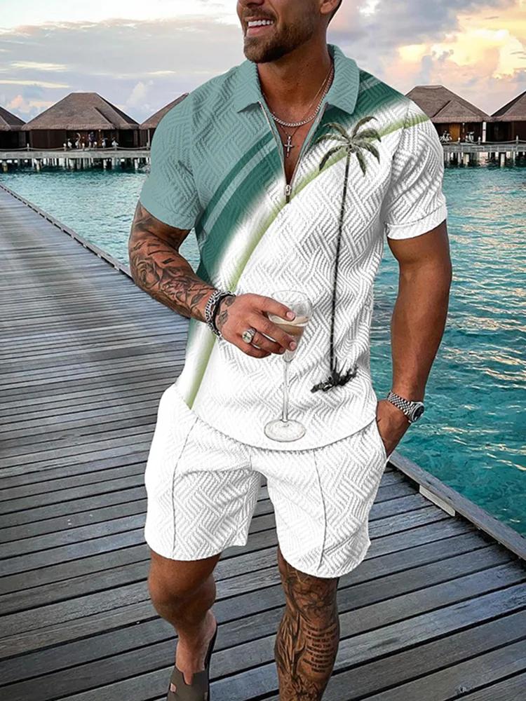 Men's Fashion Line Coconut Print Polo Shirt Set