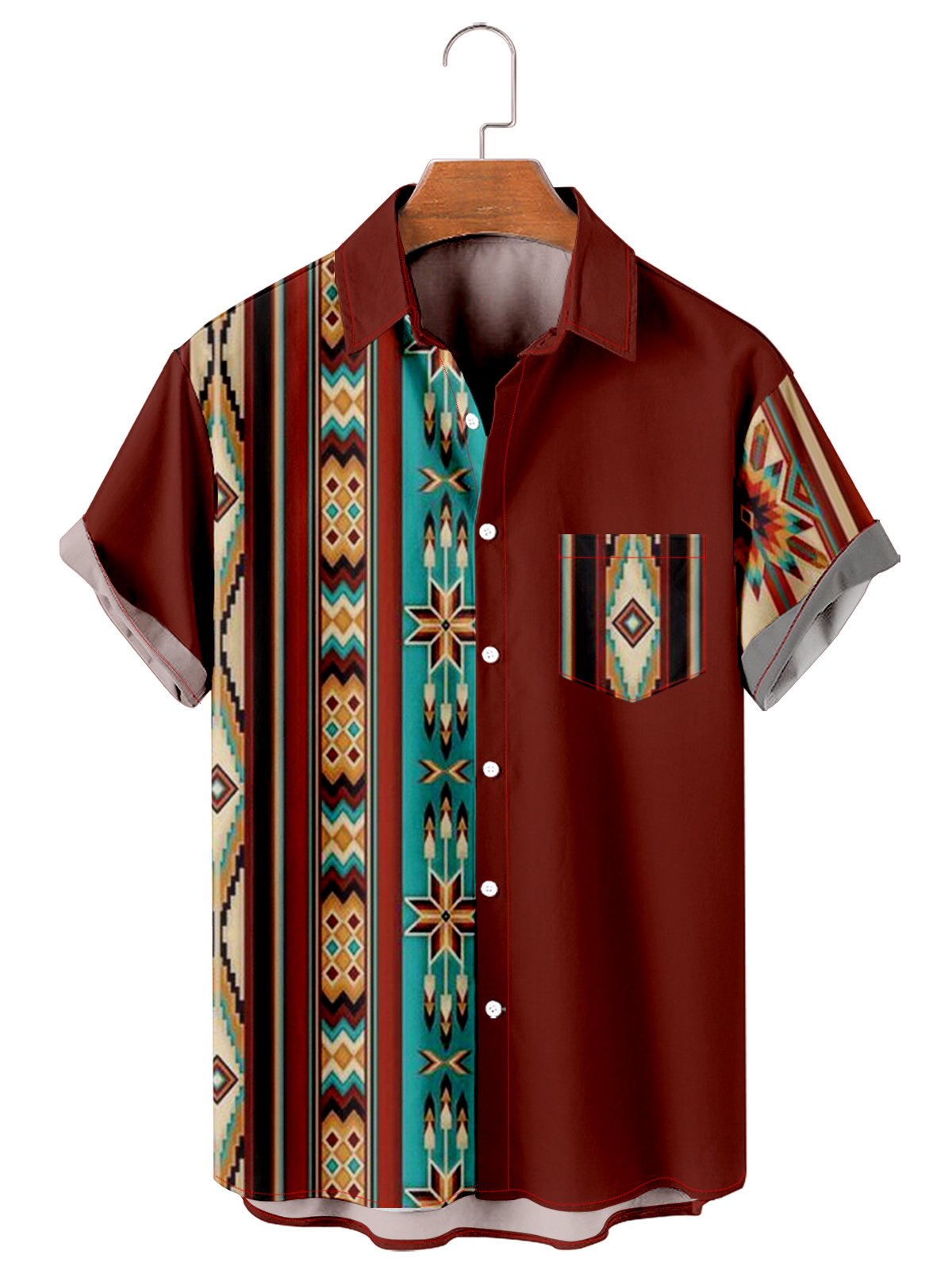 Simple Men's Ethnic Nomadic Retro Pattern Stitching Casual Shirt-Mokaloha
