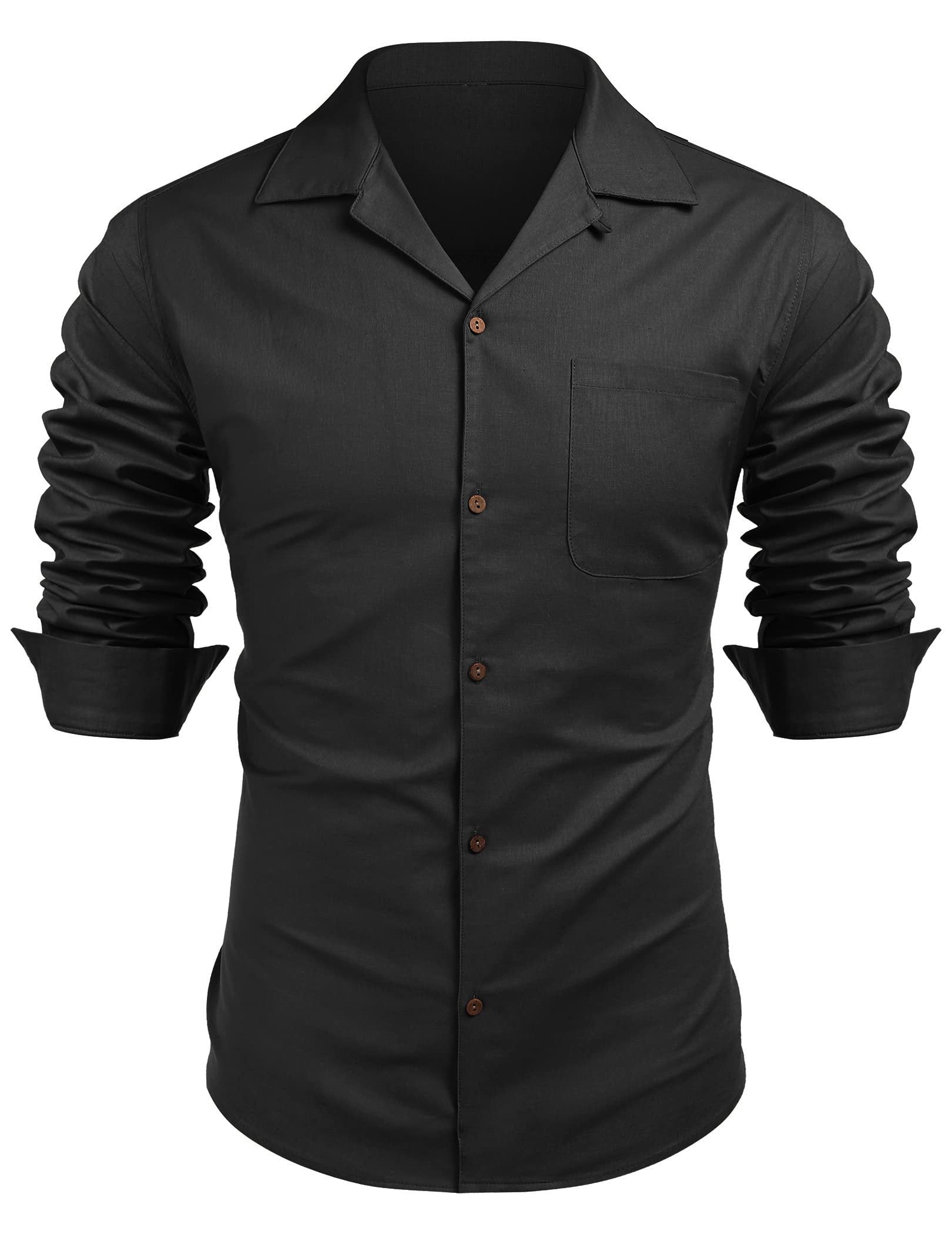Men's Basic Cotton and Linen Long Sleeve Pocket Classic Shirt