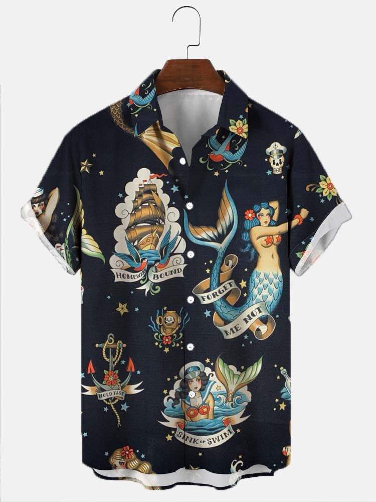 Men's Simple Nautical Mermaid Casual Print Shirt-Mokaloha