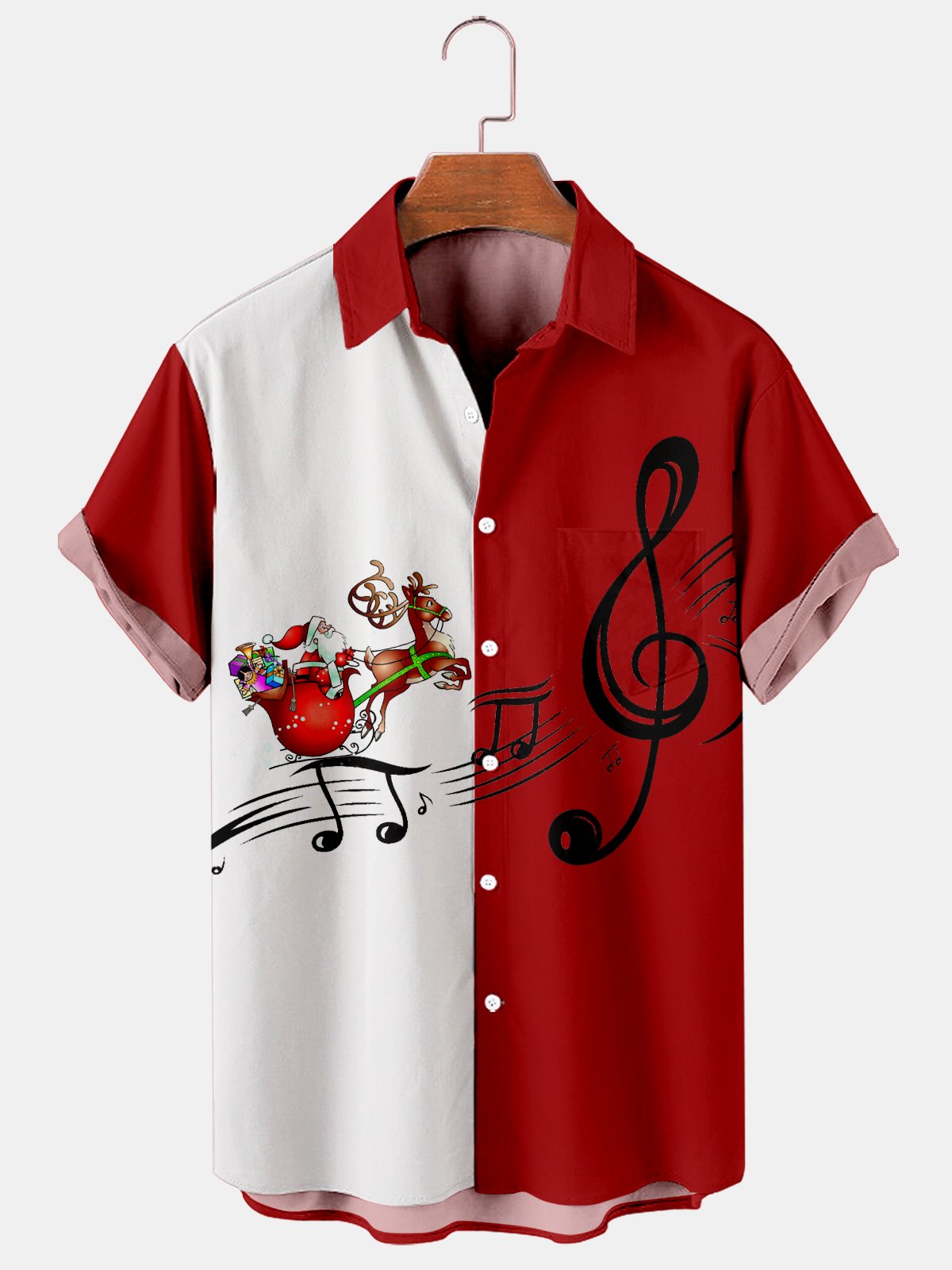 Men's Christmas Fun Santa Leaps Music Symbol Print Short Sleeve Shirt-Mokaloha