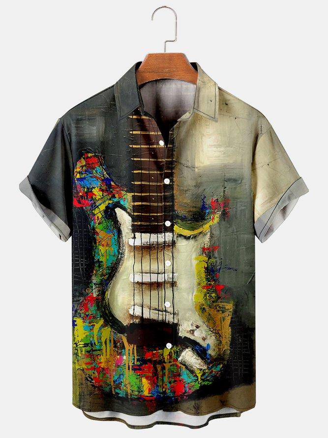 Simple Oil Painting Guitar Print Men's Casual Shirt-Mokaloha