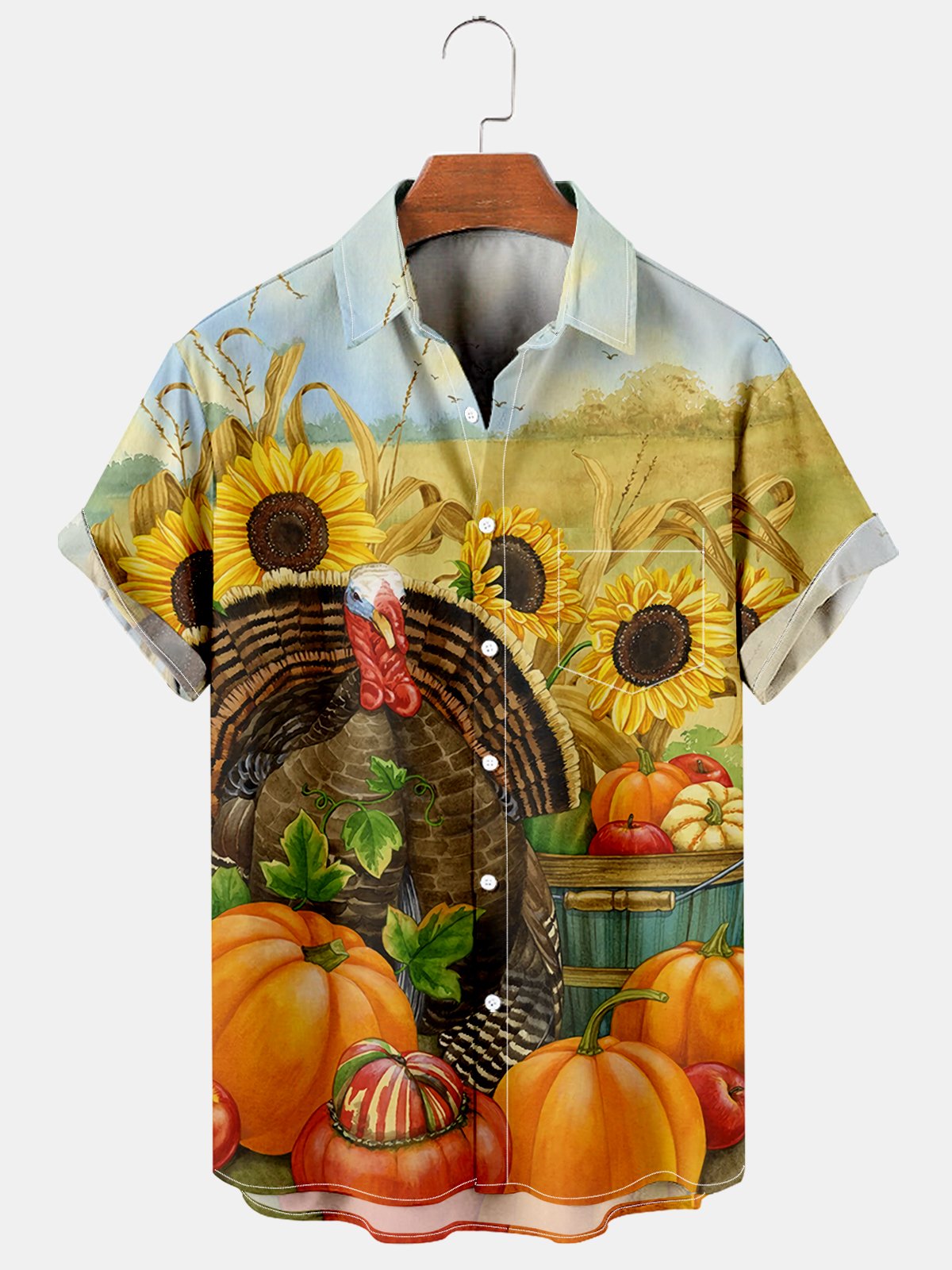 Men's Thanksgiving Turkey Sunflower Pumpkin Print Casual Short Sleeve Shirt-Mokaloha