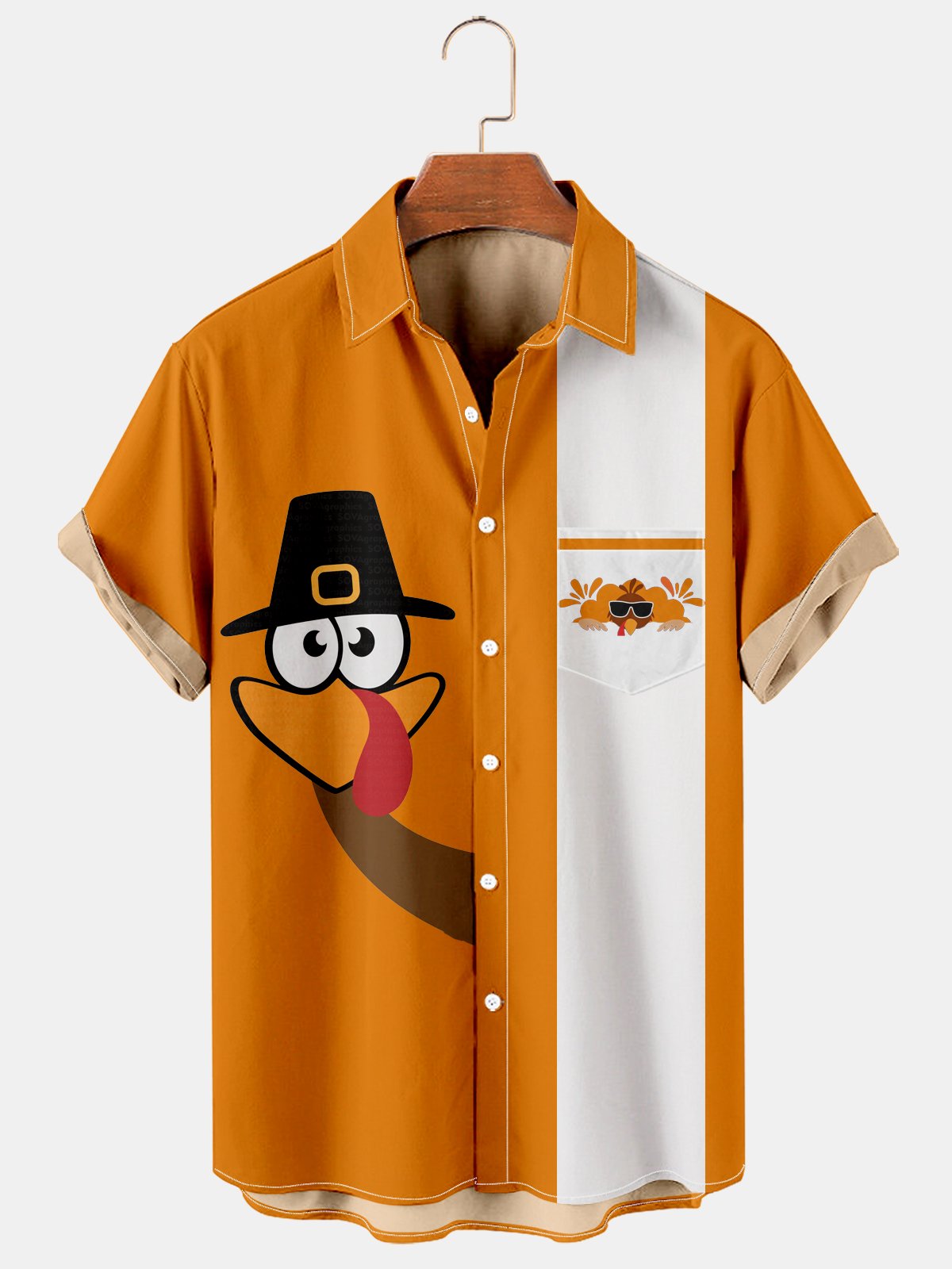 Men's Thanksgiving Fun Turkey Contrast Print Short Sleeve Shirt-Mokaloha