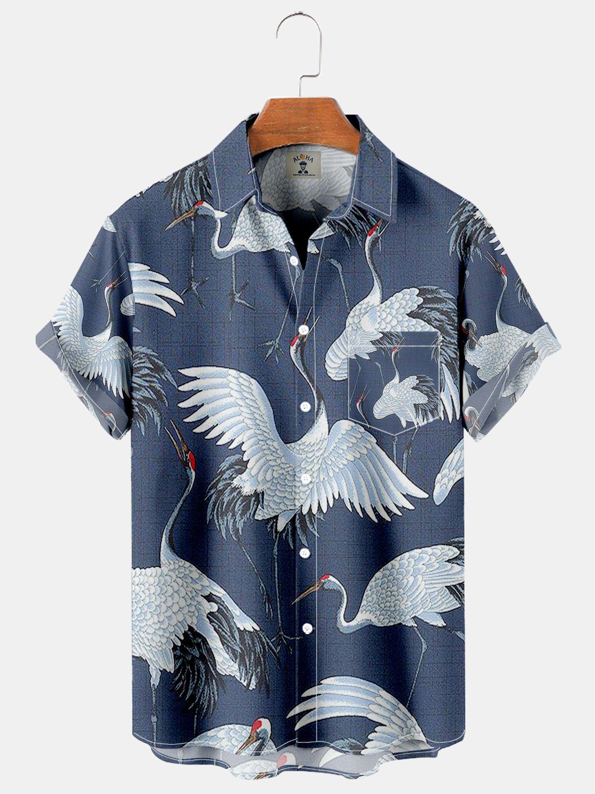 Trendy red-crowned crane print short-sleeved shirt-Mokaloha