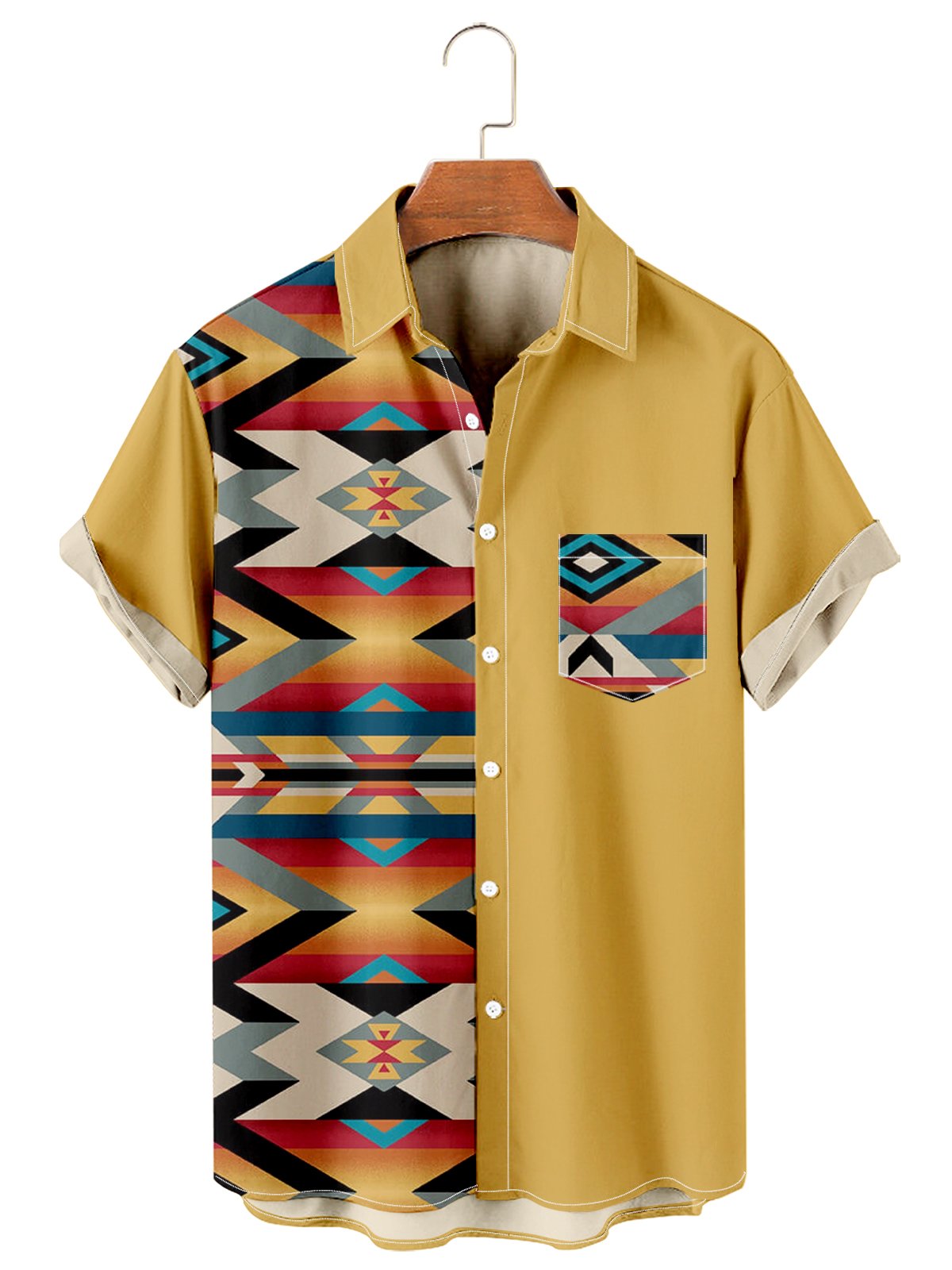 Men's Ethnic Denim Vintage Pattern Patchwork Casual Shirt-Mokaloha