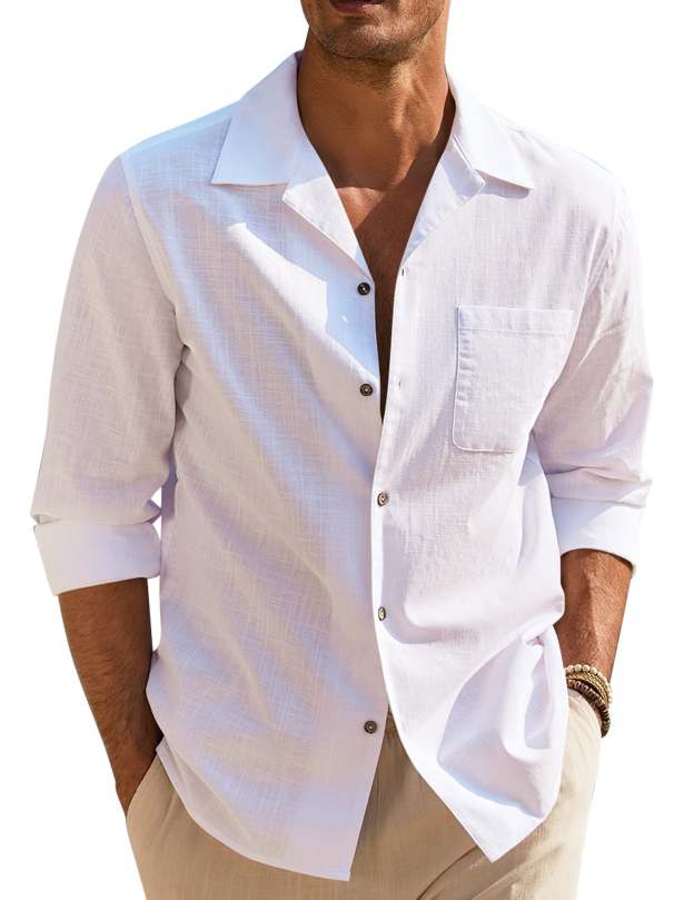 Men's Basic Cotton and Linen Long Sleeve Pocket Classic Shirt