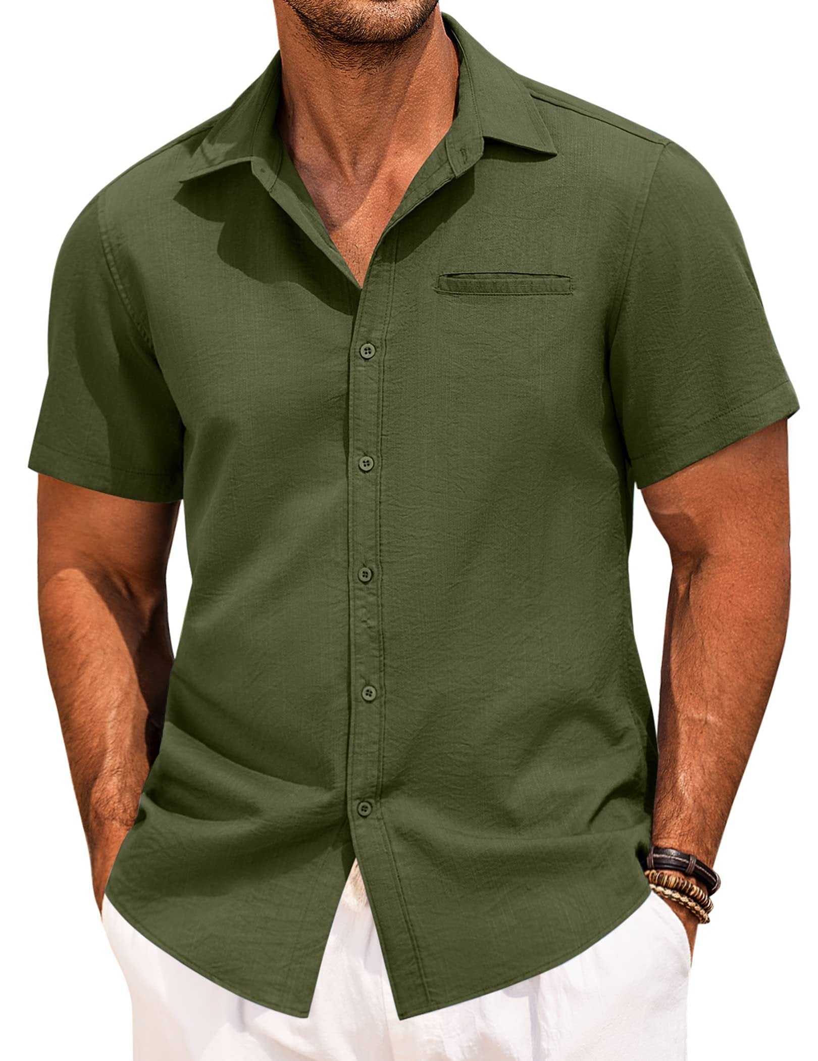 Men's Fake Pocket Linen Shirt Short Sleeve Button Up Shirt Summer Beach Hawaiian Shirt