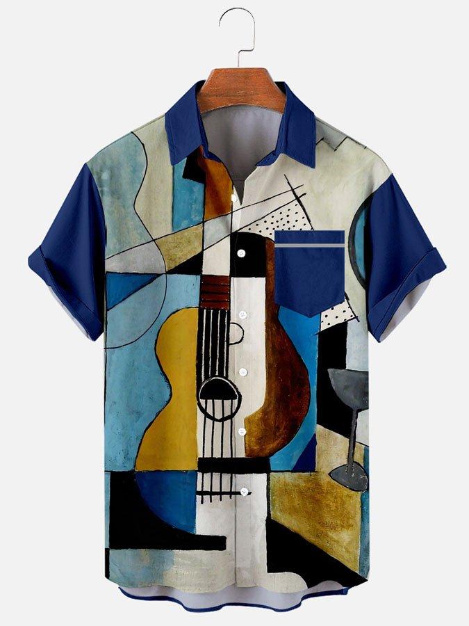 Men's Casual Music Color Block Guitar Print Shirt-Mokaloha