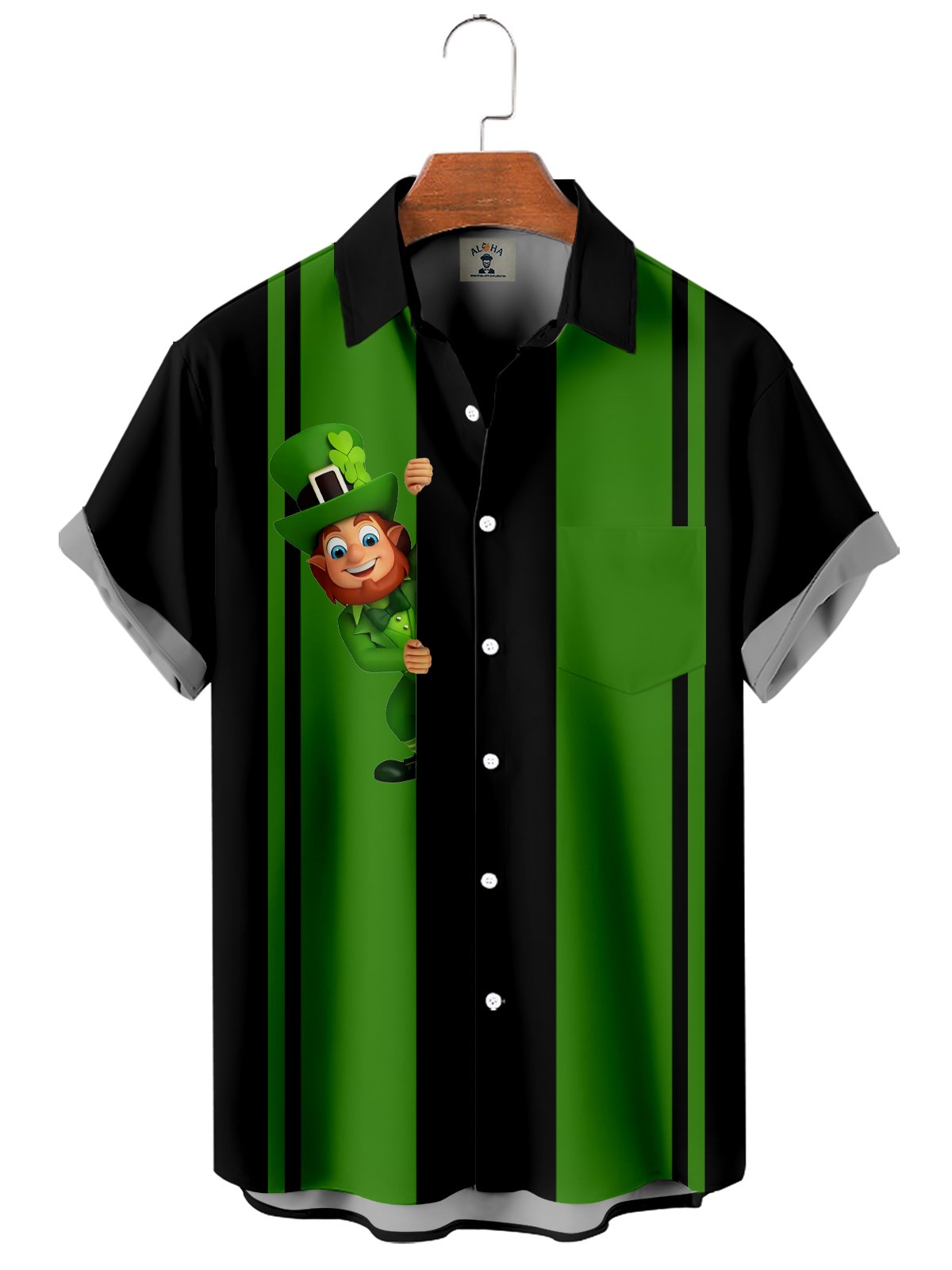 Men's St. Patrick's Day Fun Elf Print Bowling Shirt-Mokaloha