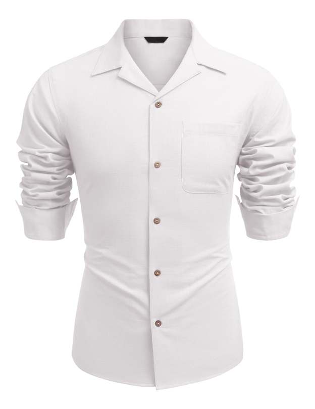 Men's Basic Cotton and Linen Long Sleeve Pocket Classic Shirt