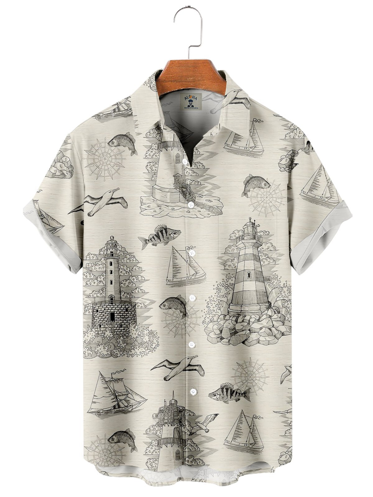 Men's Vintage Nautical Ships and Lighthouse Print Short Sleeve Shirt-Mokaloha