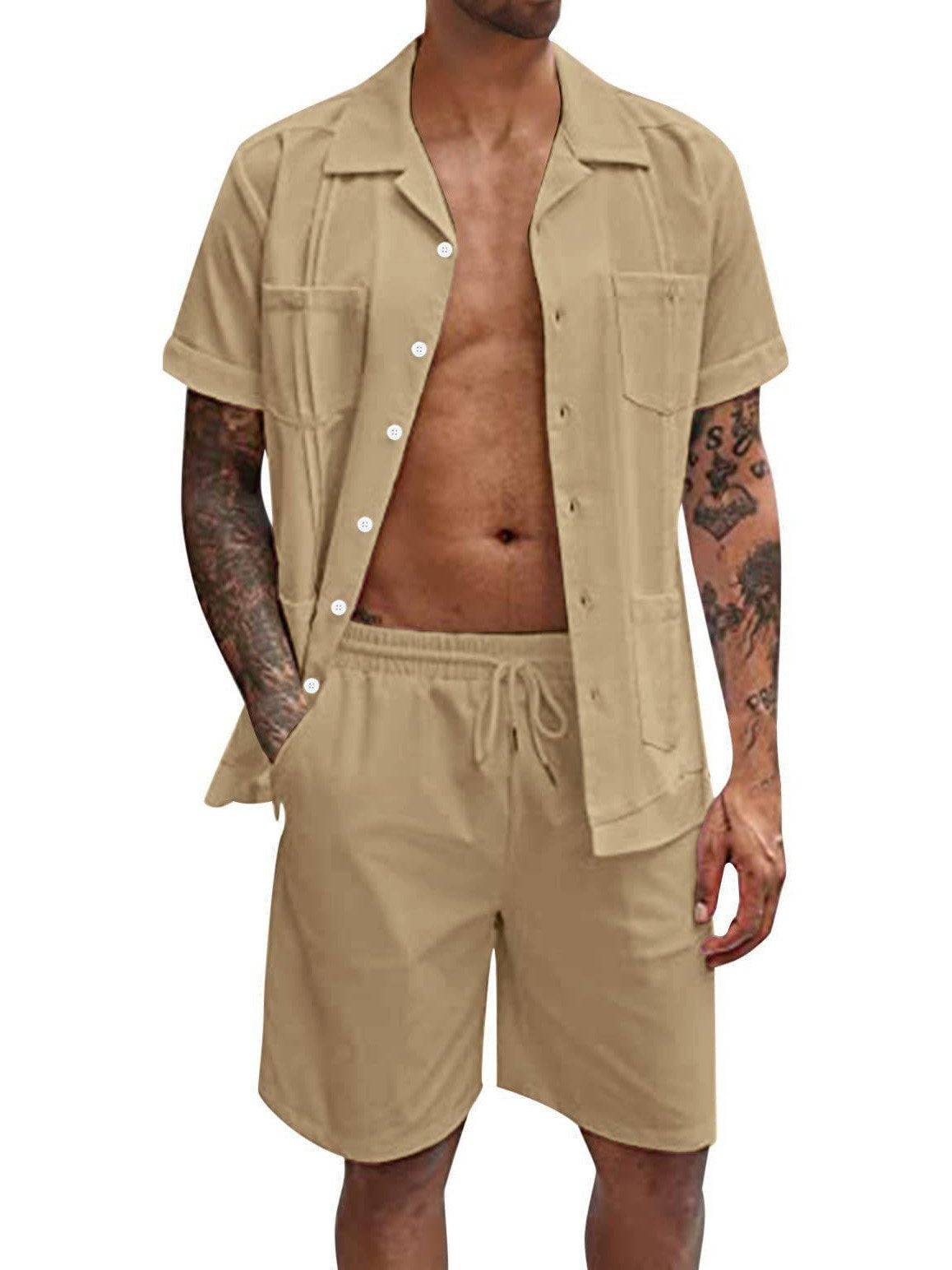 Men's Cotton Linen Multi Pocket Pleated Line Solid Color Shirt Set